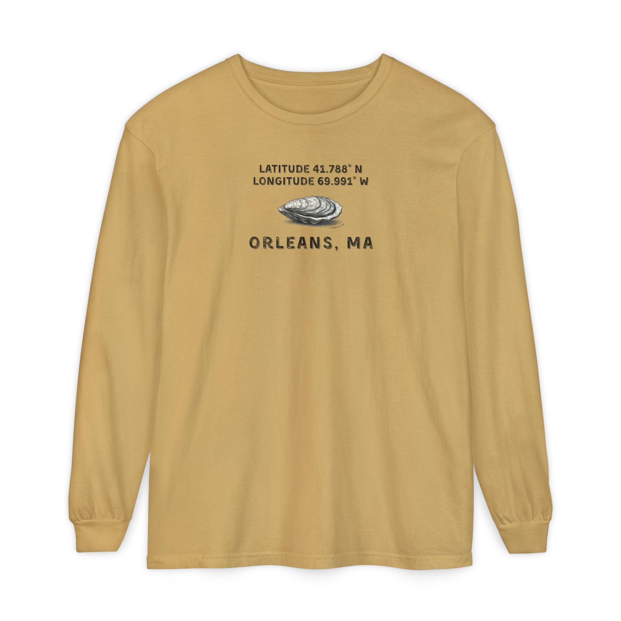 Beige long-sleeve shirt with Oyster graphic and text "Latitude 41.788 N, Longitude 69.991 Orleans, MA"