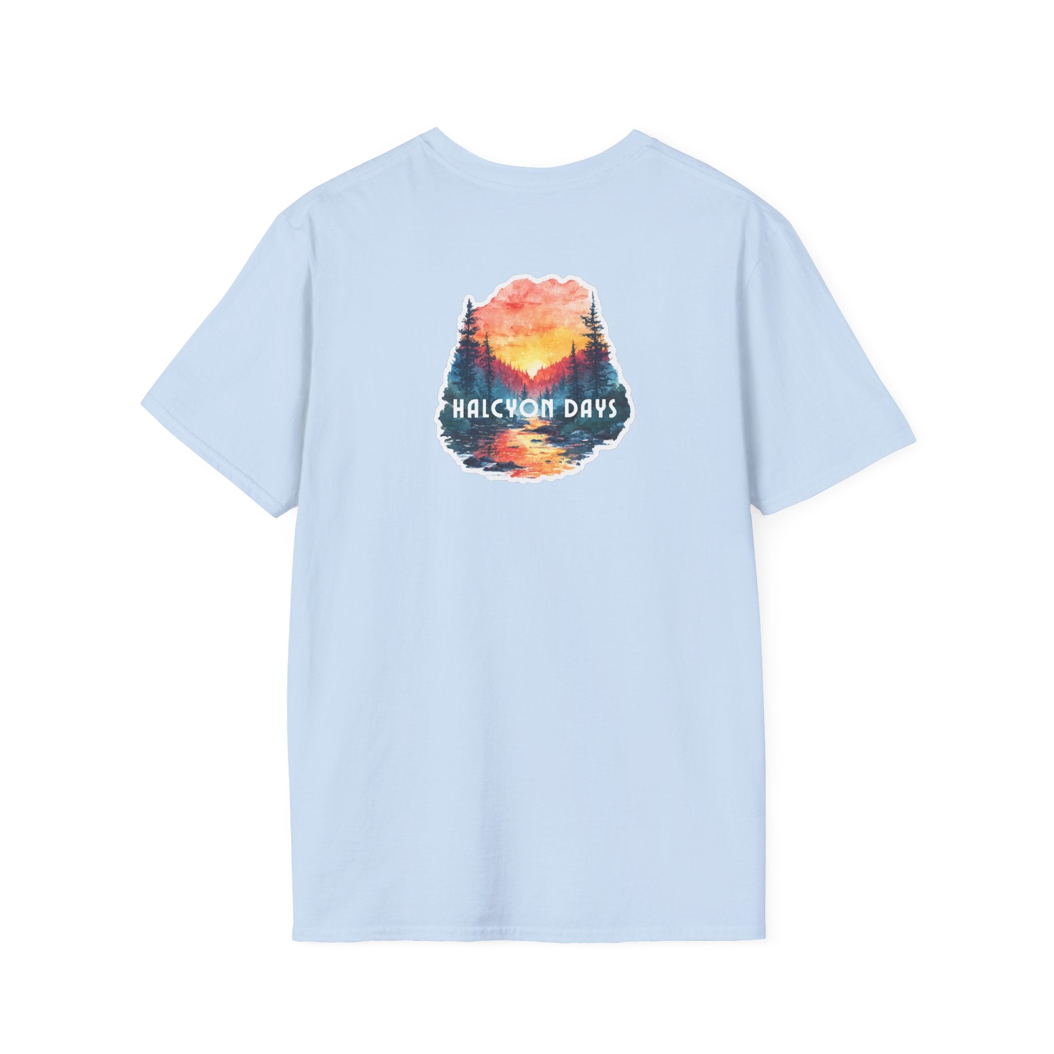 Light blue Gildan Softstyle t-shirt with text "Halcyon Days" and mountain river graphic