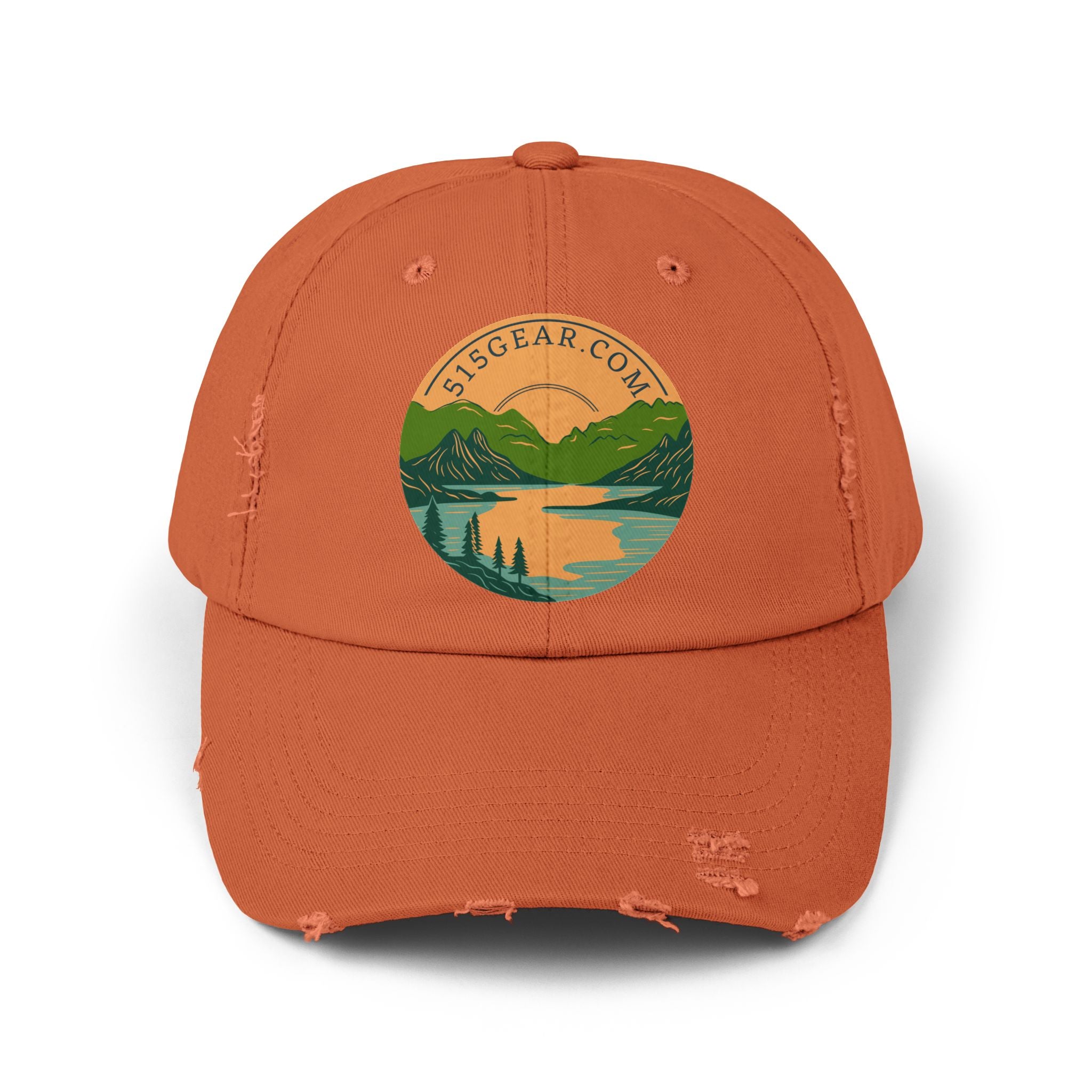 Distressed Baseball cap, 515 Gear Adventure Awaits Logo | by 515Gear.com | Come sit by the lake!