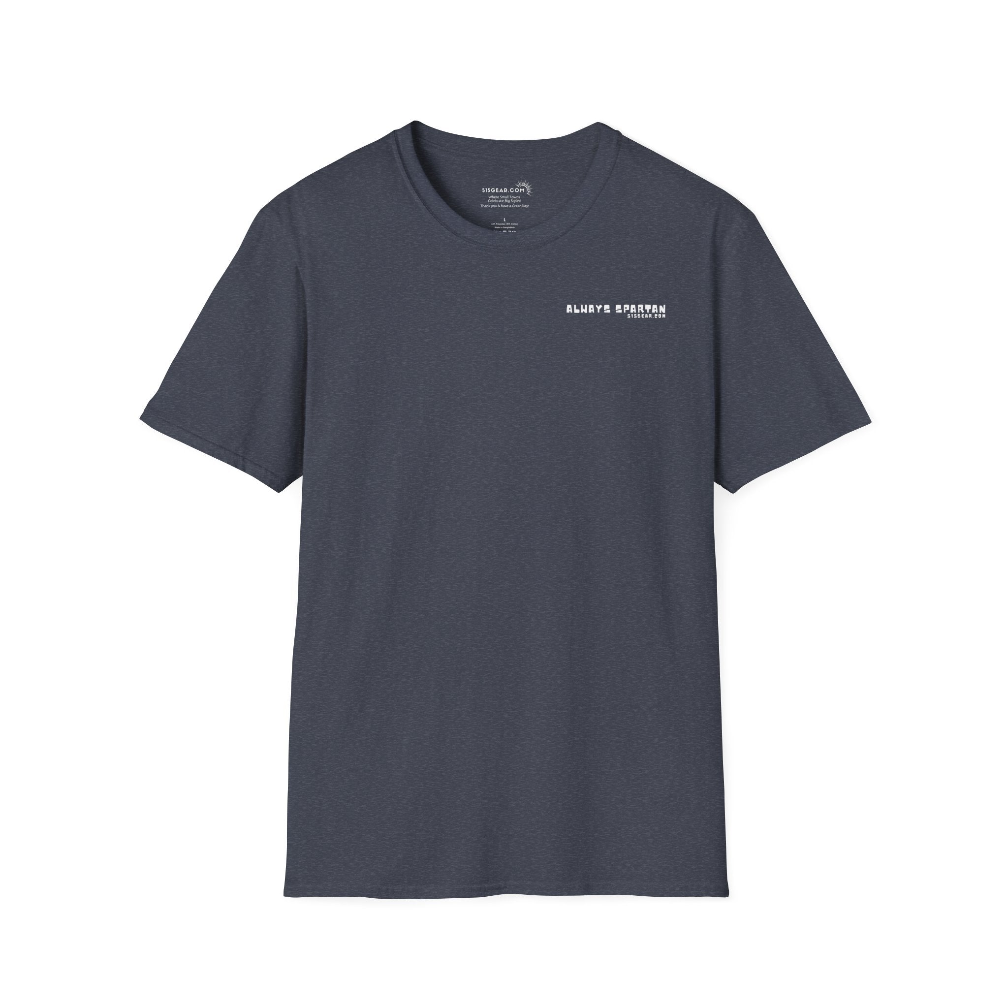 Gray t-shirt with a cartoon Sparty peeing with text Always Spartan