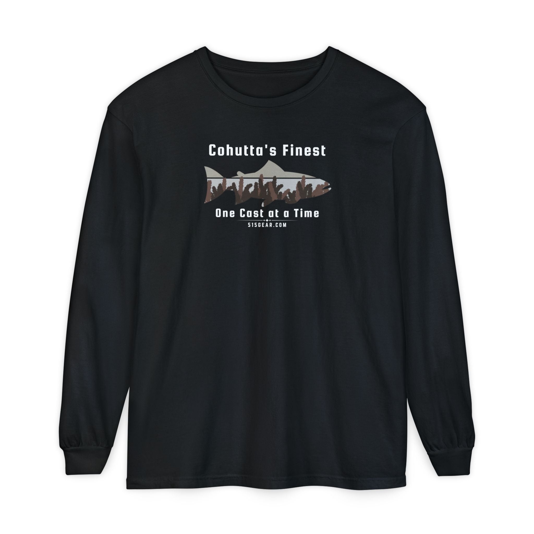 Black long-sleeve shirt with a fishing-themed design saying Cohutta's finest One Cast at a Time by 515Gear.com