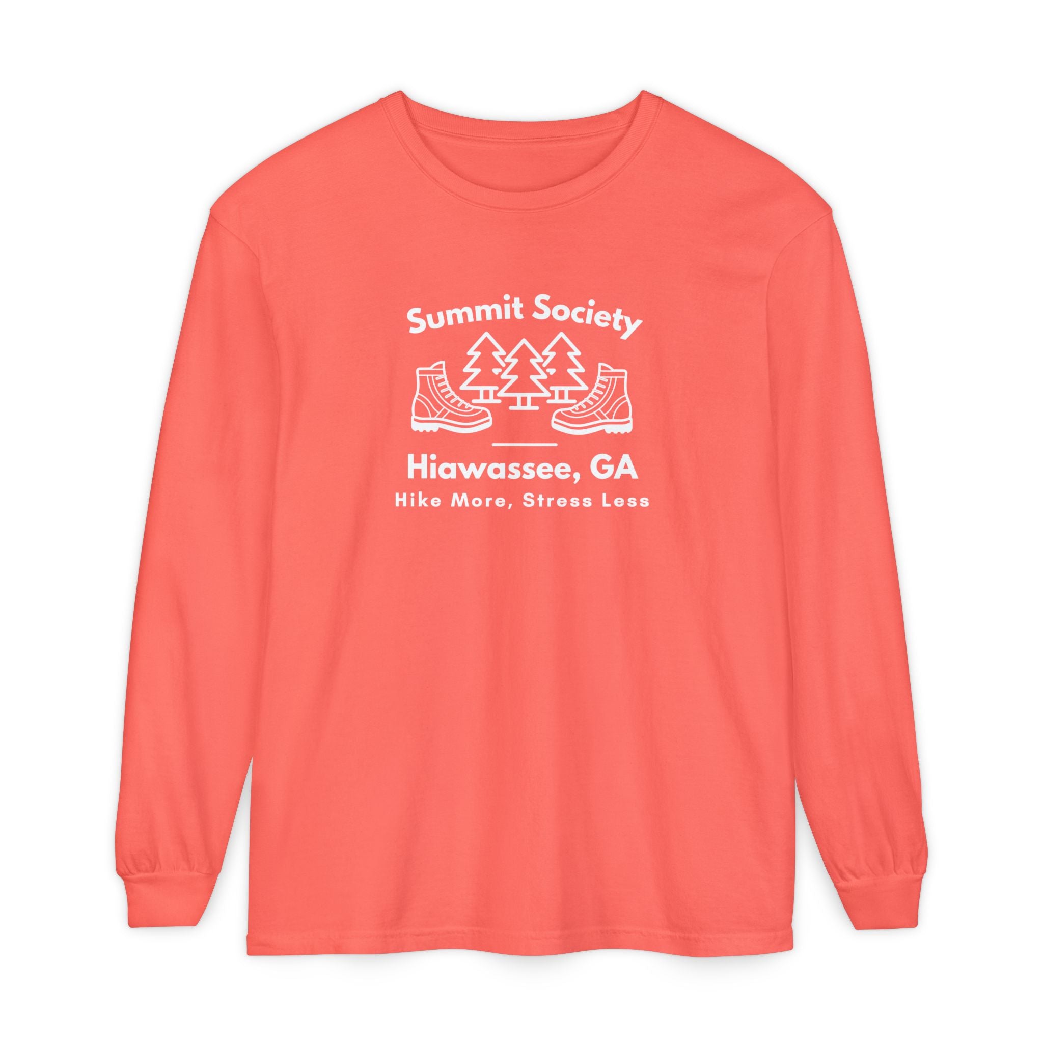 Long-sleeve t-shirt, 'Summit Society Hiawassee, GA Hike More, Stress Less' printed on the front.
