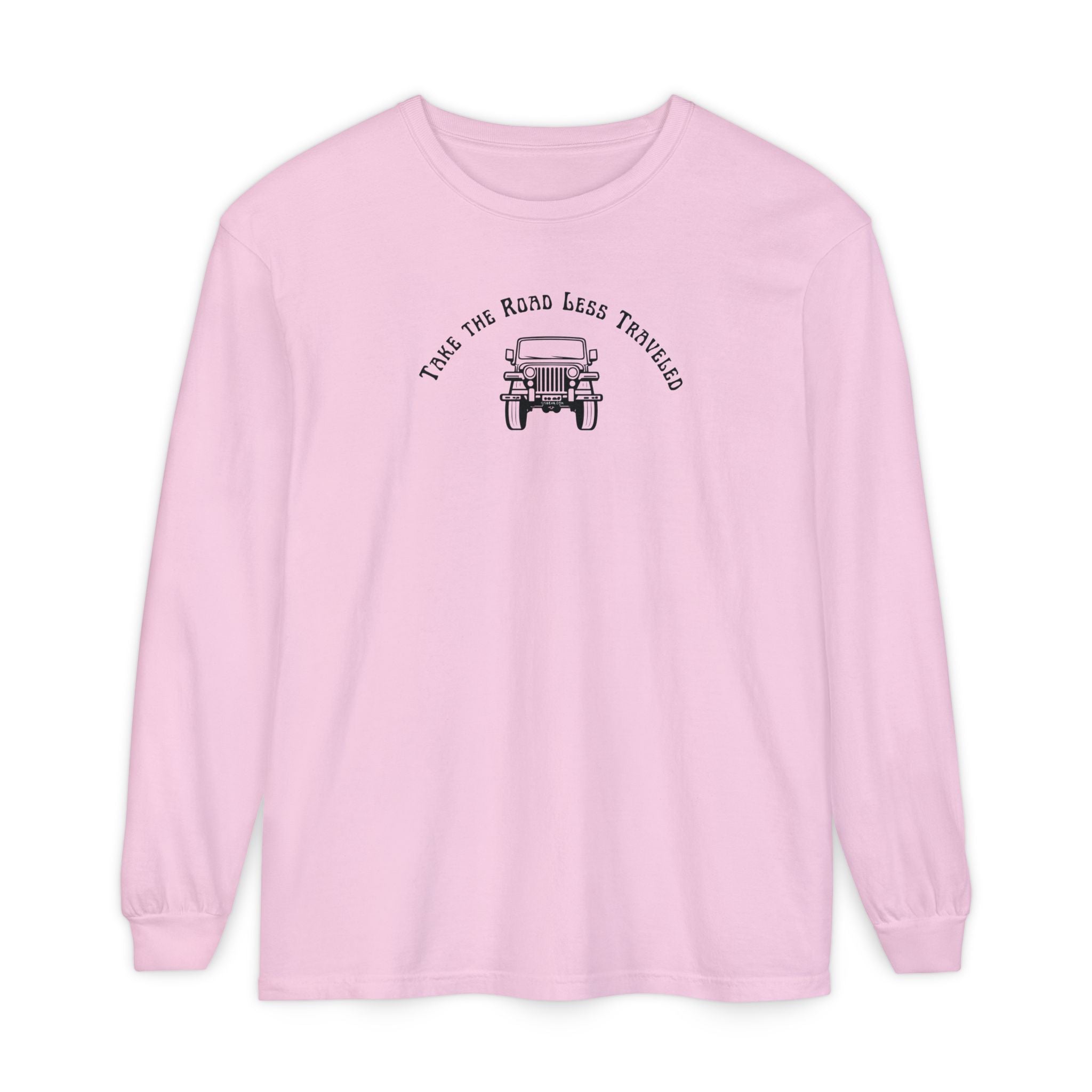 Pink long-sleeve shirt with Jeep graphic and text "Take the Road Less Traveled"