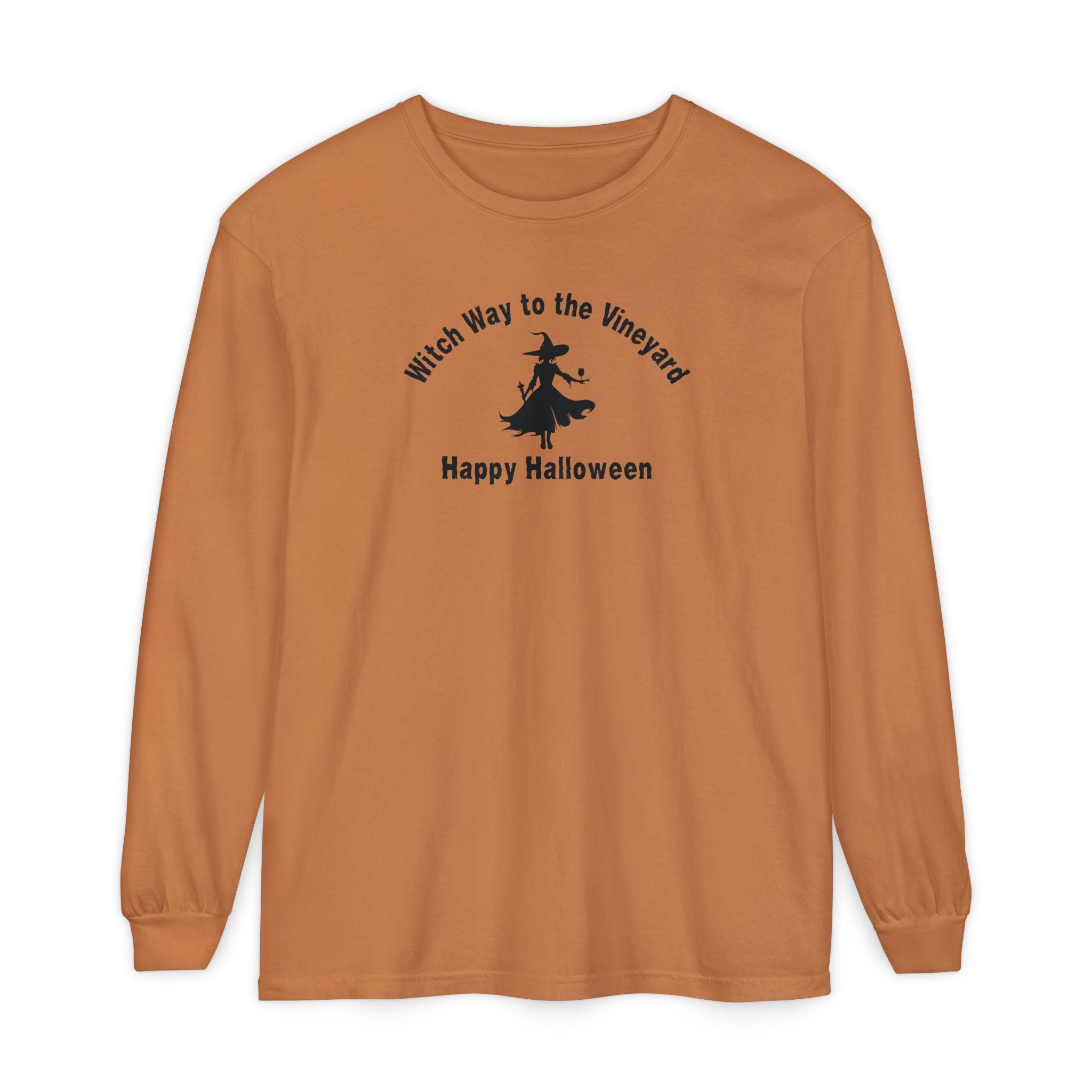 Rust long-sleeve unisex comfort color t-shirt with halloween witch graphic holding a wine glass and text "Witch Way to the Vineyard - Happy Halloween"