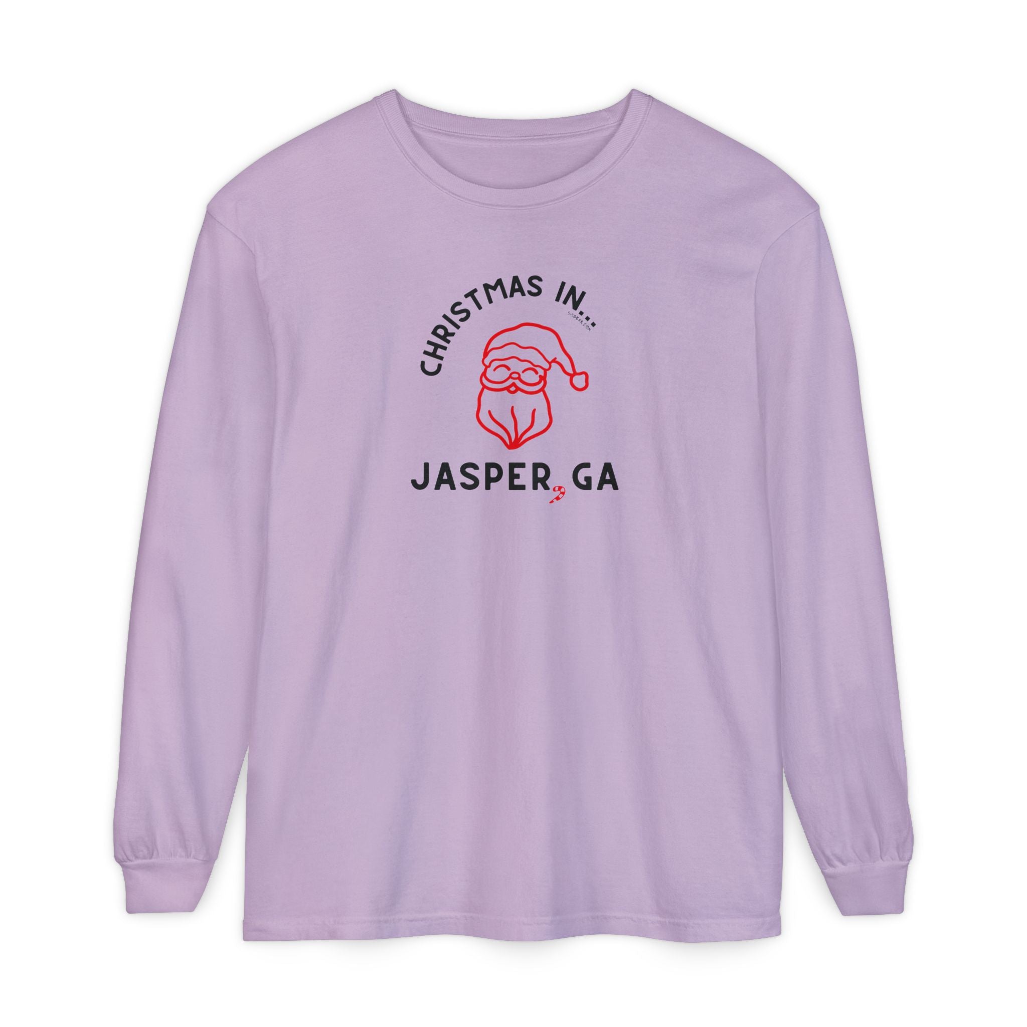 Purple long-sleeve shirt with happy Santa and candy cane graphic and text "Christmas in... Jasper, GA"