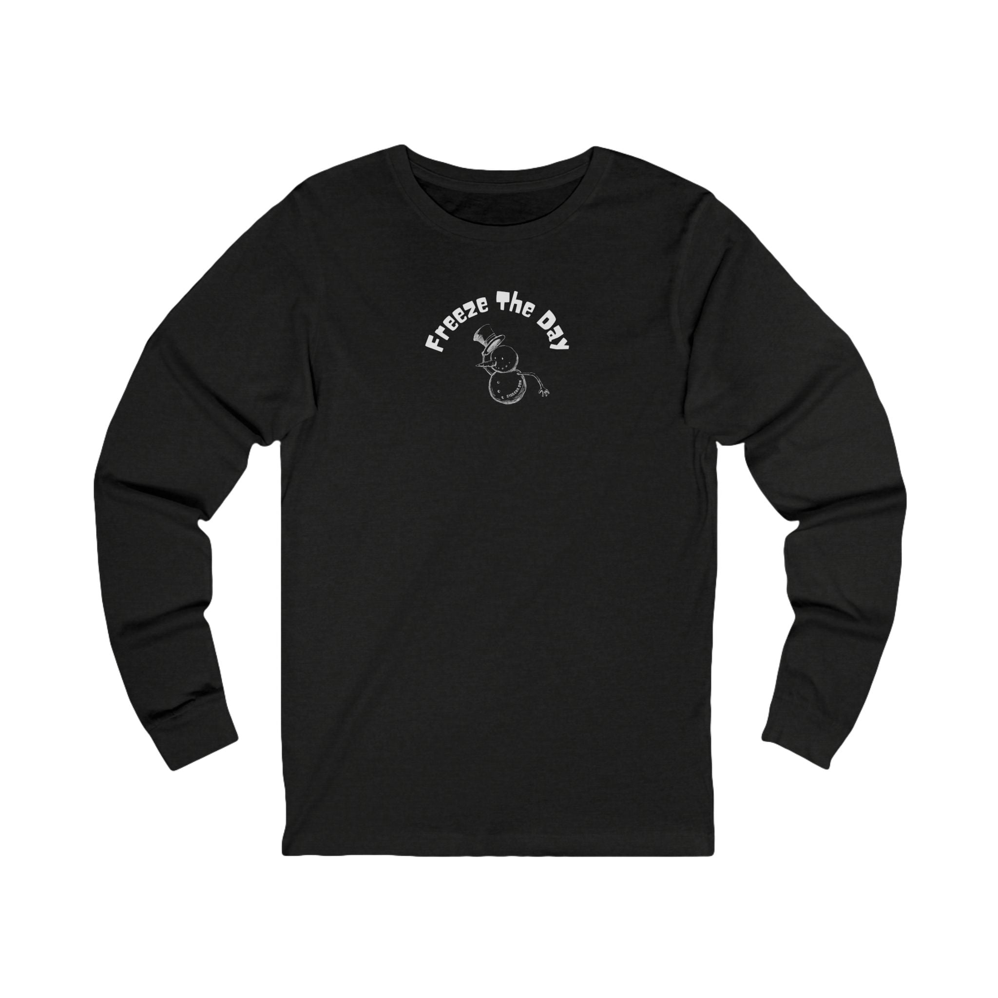Black long-sleeve shirt with a snowman tipping a hat and text "Freeze the Day" by 515Gear.com