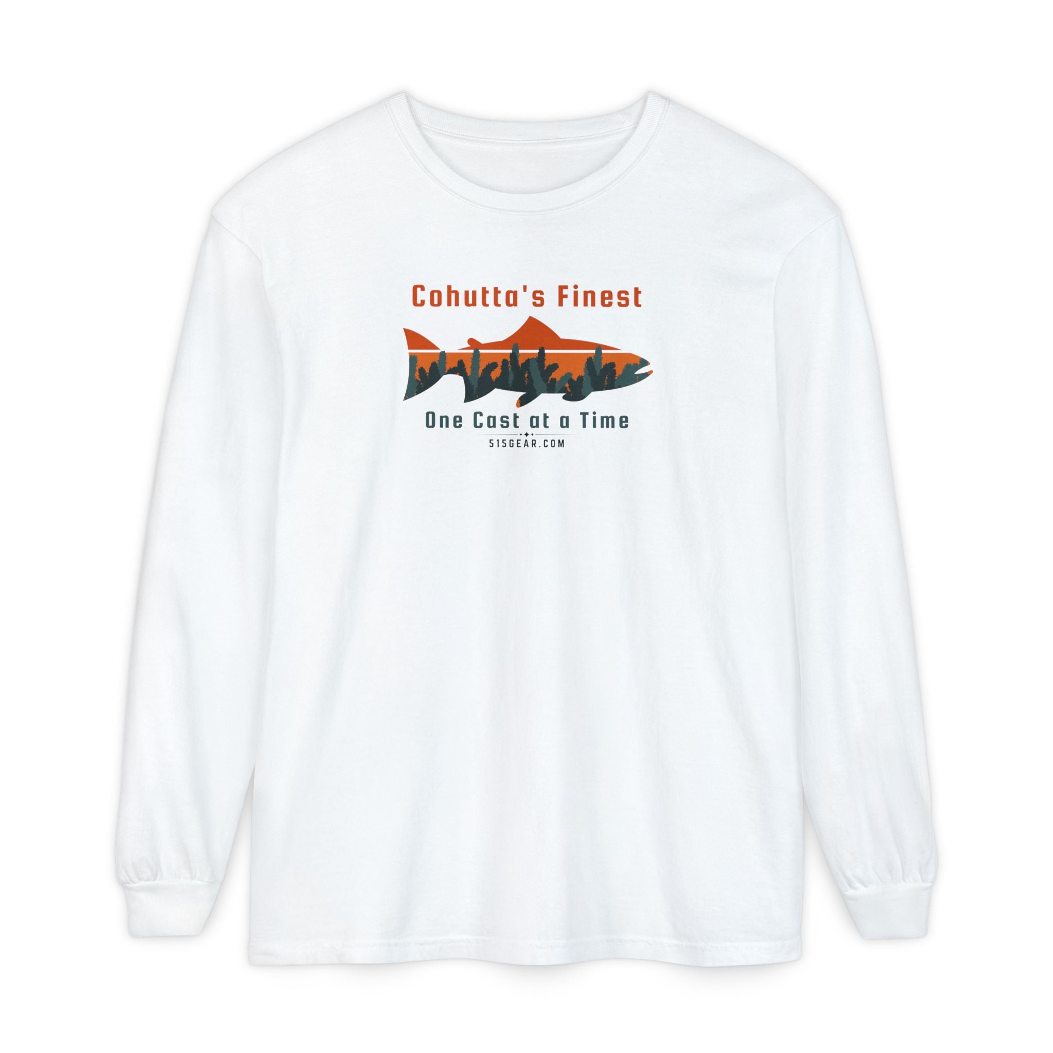 White long-sleeve shirt with a fishing-themed design saying Cohutta's finest One Cast at a Time by 515Gear.com