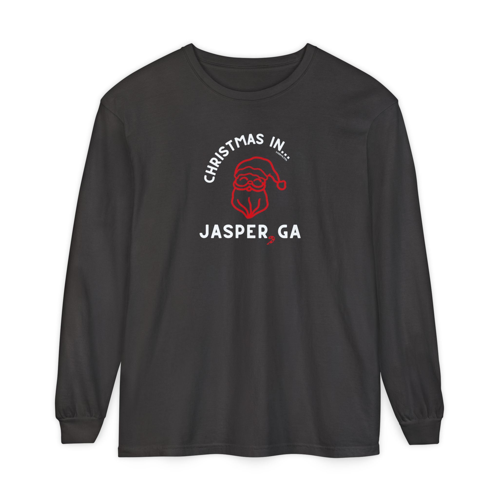 Black long-sleeve shirt with happy Santa and candy cane graphic and text "Christmas in... Jasper, GA"