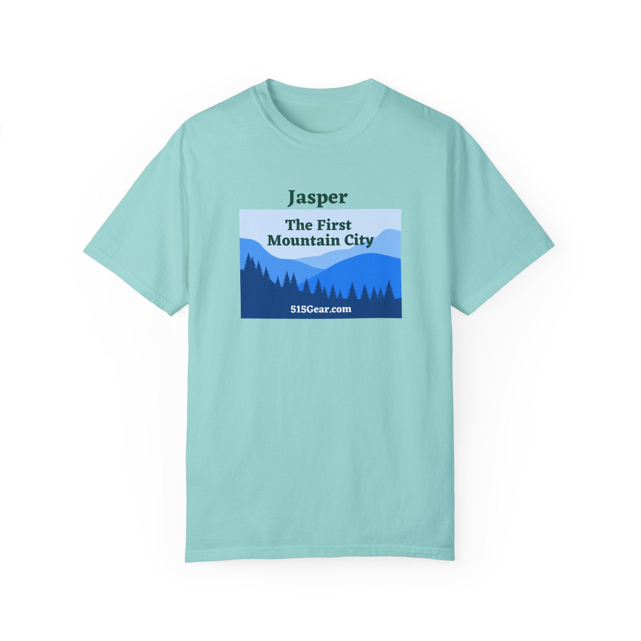 Jasper, GA First Mountain City, blue ridge mountains graphic, Unisex Garment-Dyed adult T-shirt by 515Gear.com