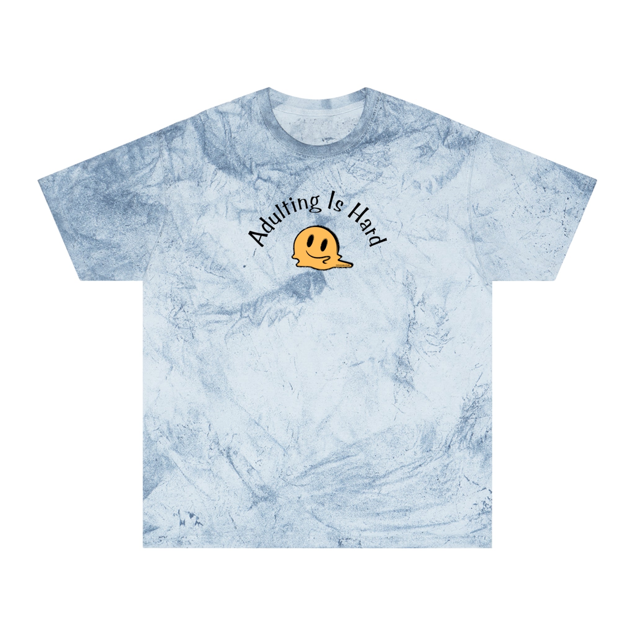 Blue tie-dye Comfort Colors 1745 unisex color blast t-shirt, 100% ring-spun cotton, with melting smiley face and text "Adulting is Hard"