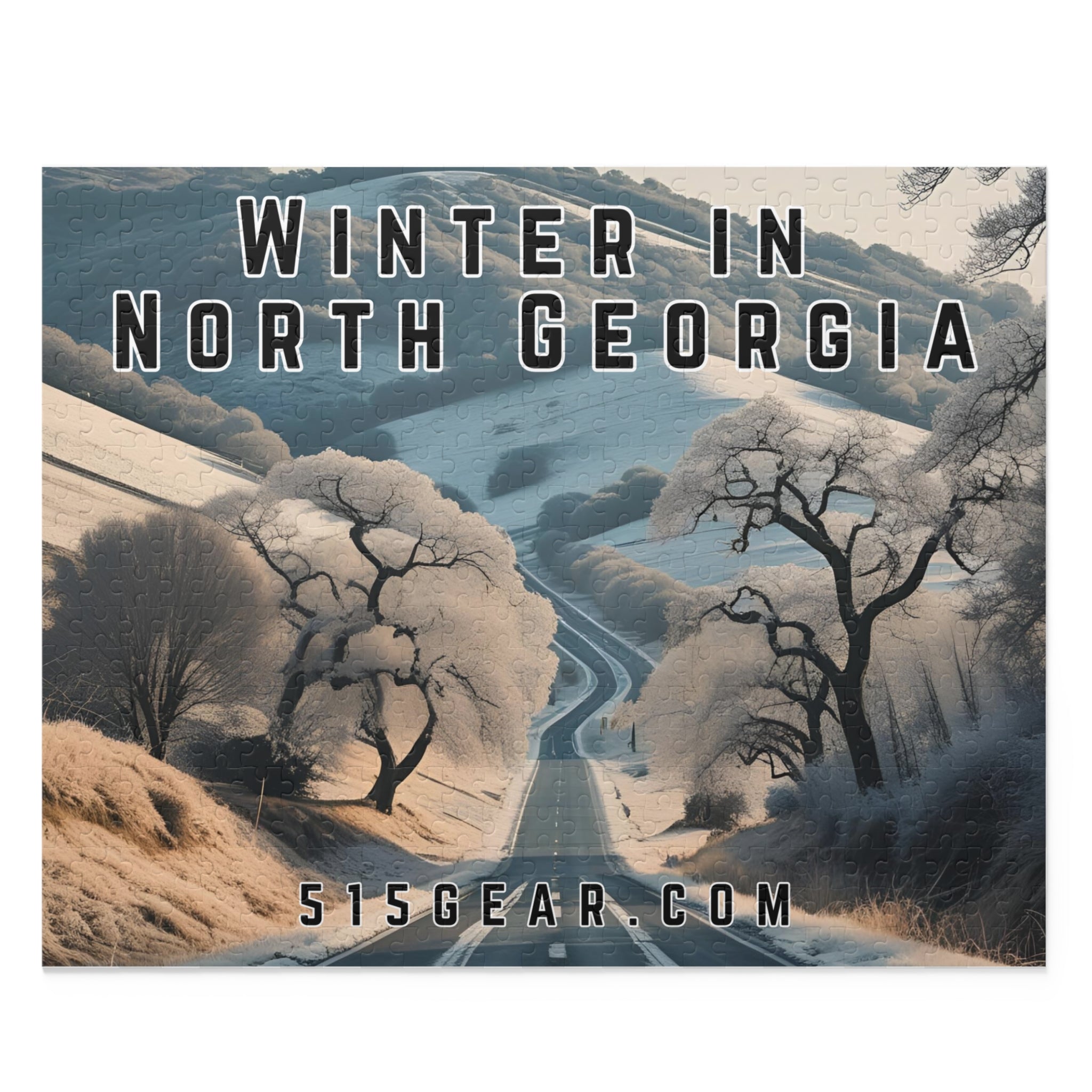 Wintery landscape puzzle with snow-covered trees and a road, text overlay 'Winter in North Georgia' and website '515GEAR.COM'.