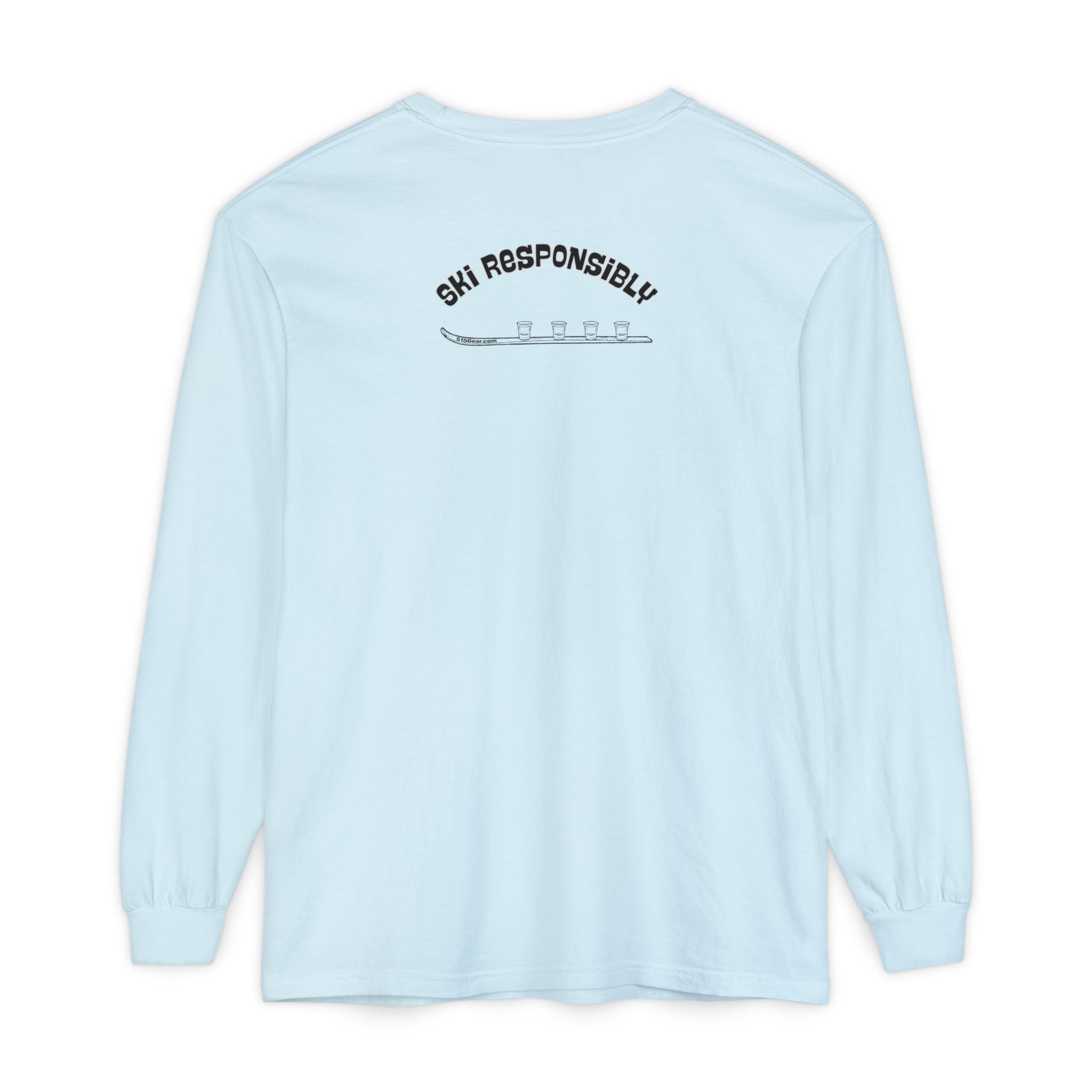 Light blue long-sleeve shirt with text and shotski graphic