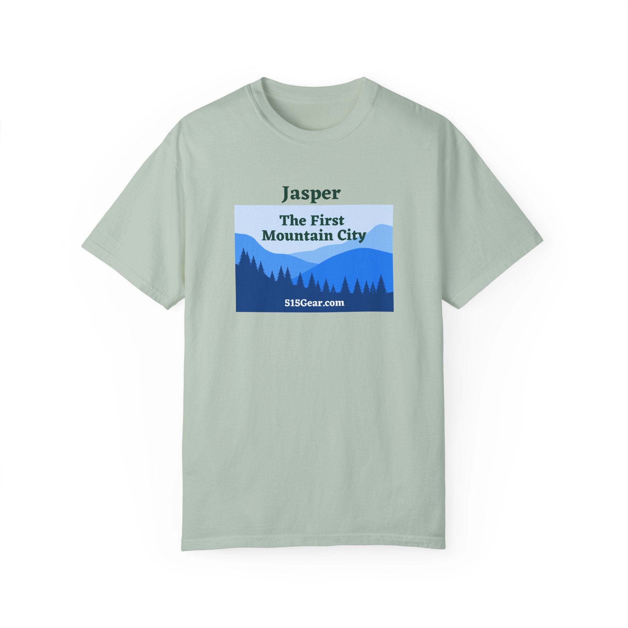 Jasper, GA First Mountain City, blue ridge mountains graphic, Unisex Garment-Dyed adult T-shirt by 515Gear.com