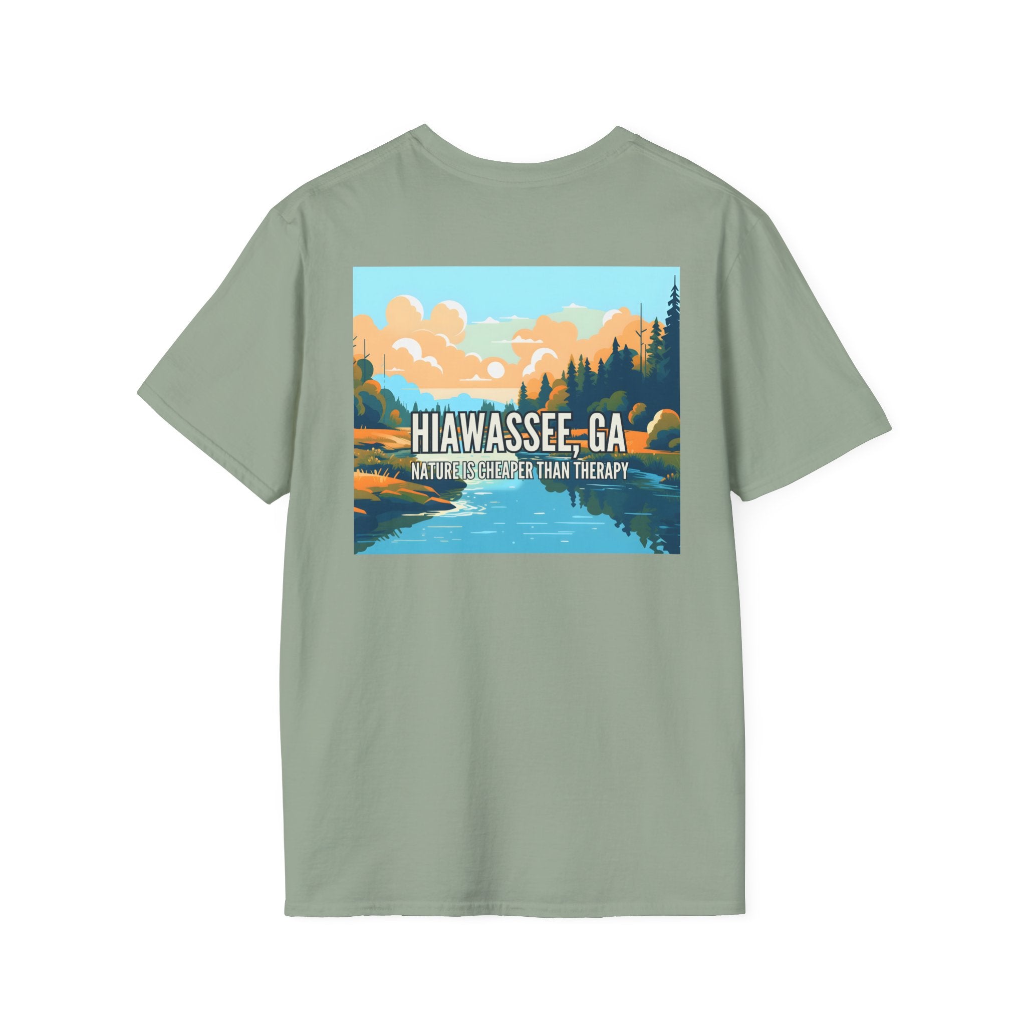 unisex adult T-shirt, Mountain Scene Graphic, by 515Gear.com | Hiawassee, GA | Nature is Cheaper than Therapy