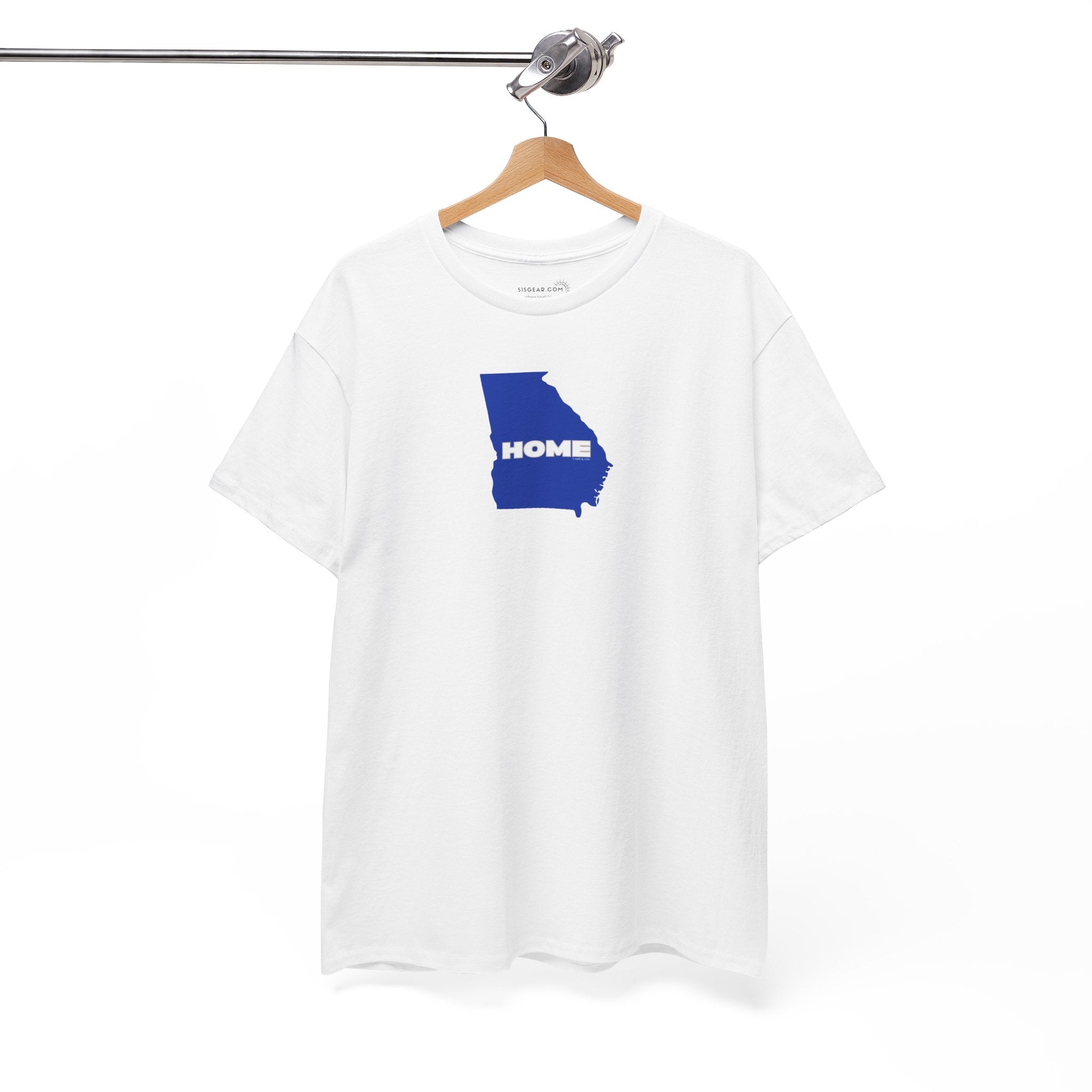 White t-shirt Unisex Heavy Cotton Tee, 100% cotton with State of Georgia graphic and text "HOME" in college colors (Georgia State University)
