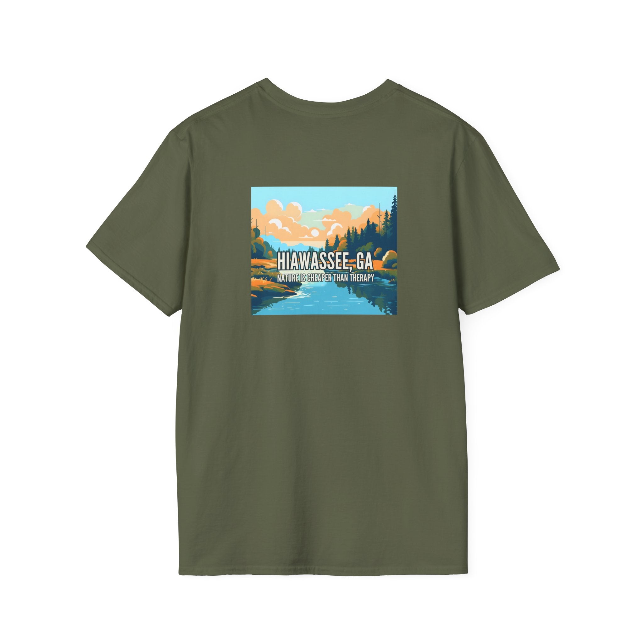 unisex adult T-shirt, Mountain Scene Graphic, by 515Gear.com | Hiawassee, GA | Nature is Cheaper than Therapy