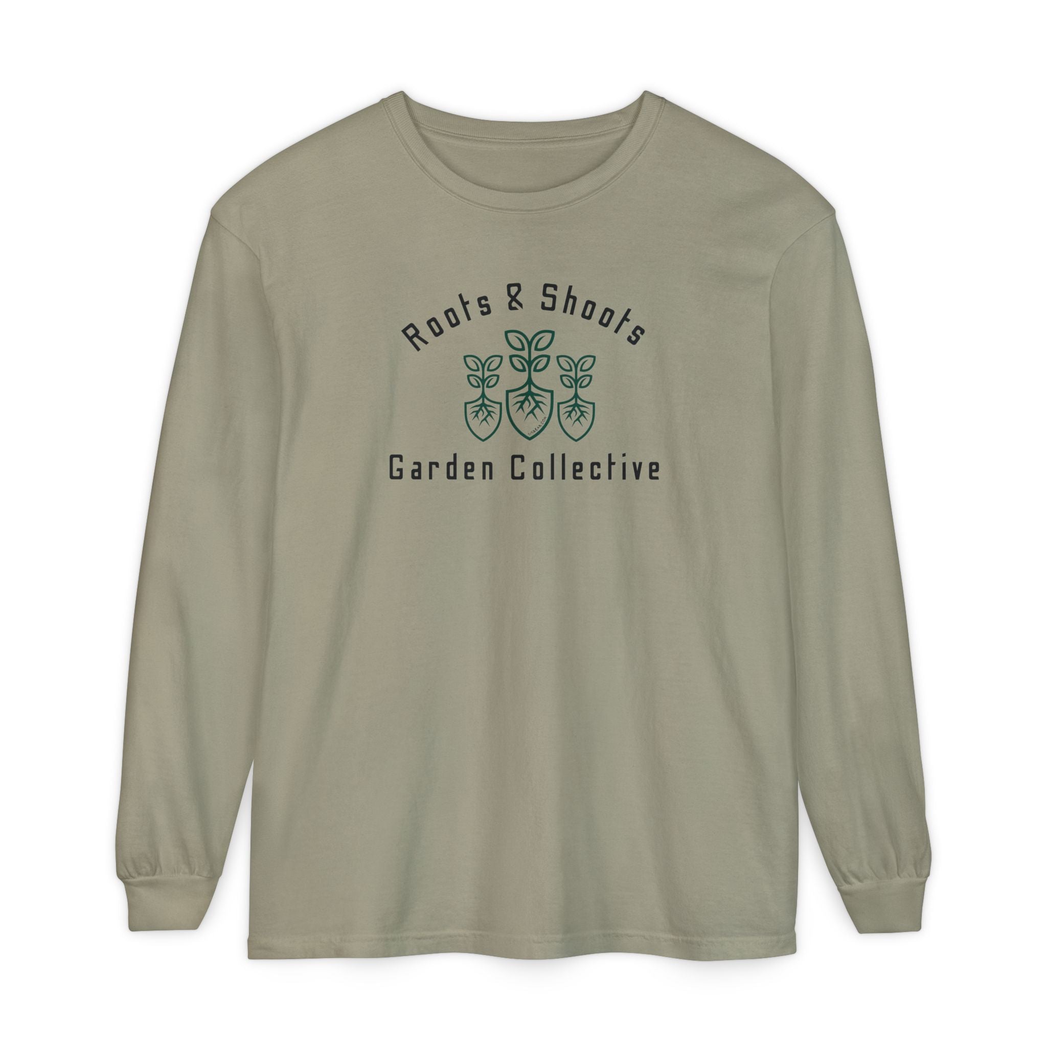 Olive long-sleeve shirt with 'Roots & Shoots Garden Collective' logo on a white background