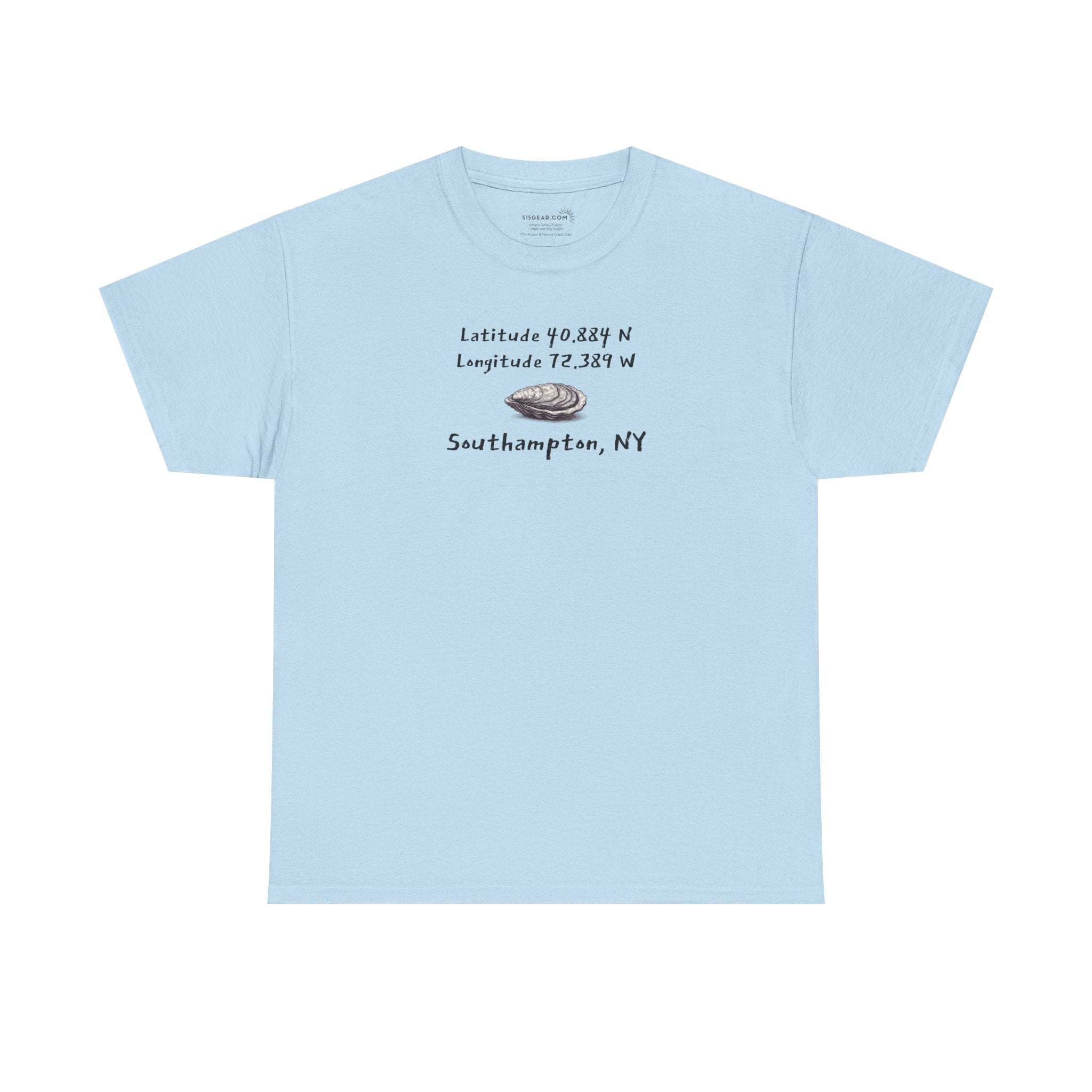 Light blue t-shirt with oyster graphic and text "latitude and longitude - Southampton NY"