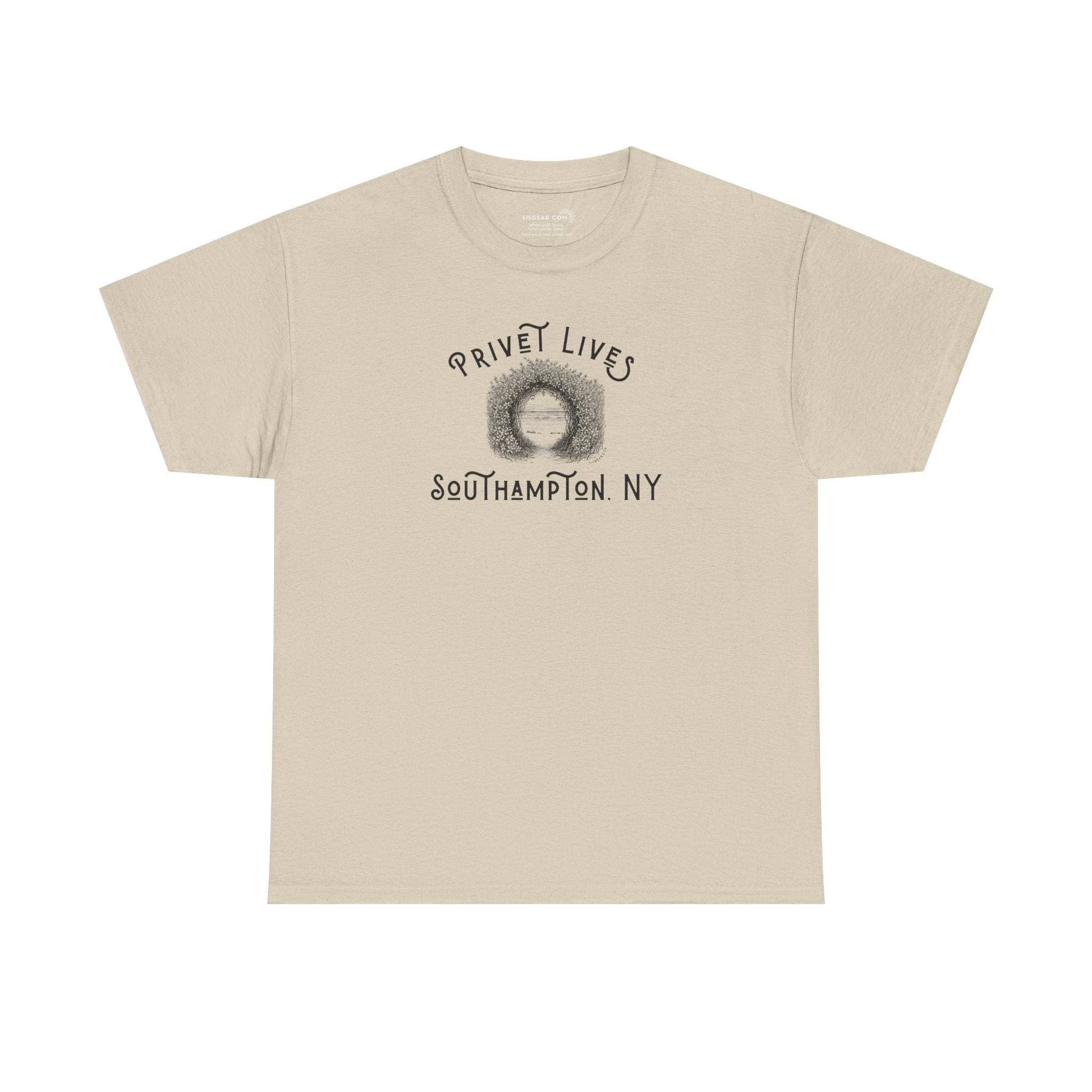 Beige t-shirt with privet beach pathway illustration and text "Privet Lives - Southampton, NY"
