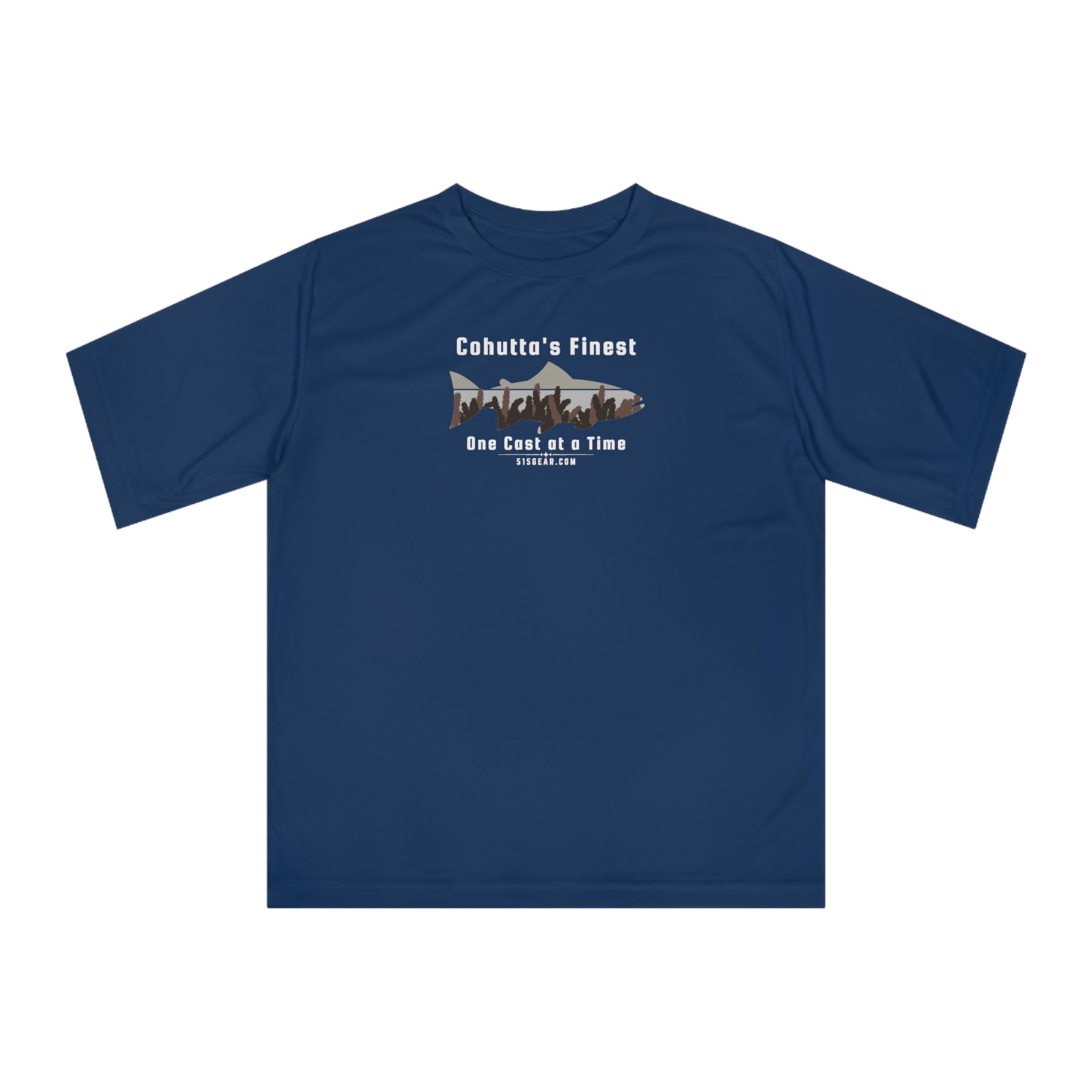 Navy Blue performance t-shirt with fishing theme graphic and text 'Cohutta's Finest One Cast at a Time'