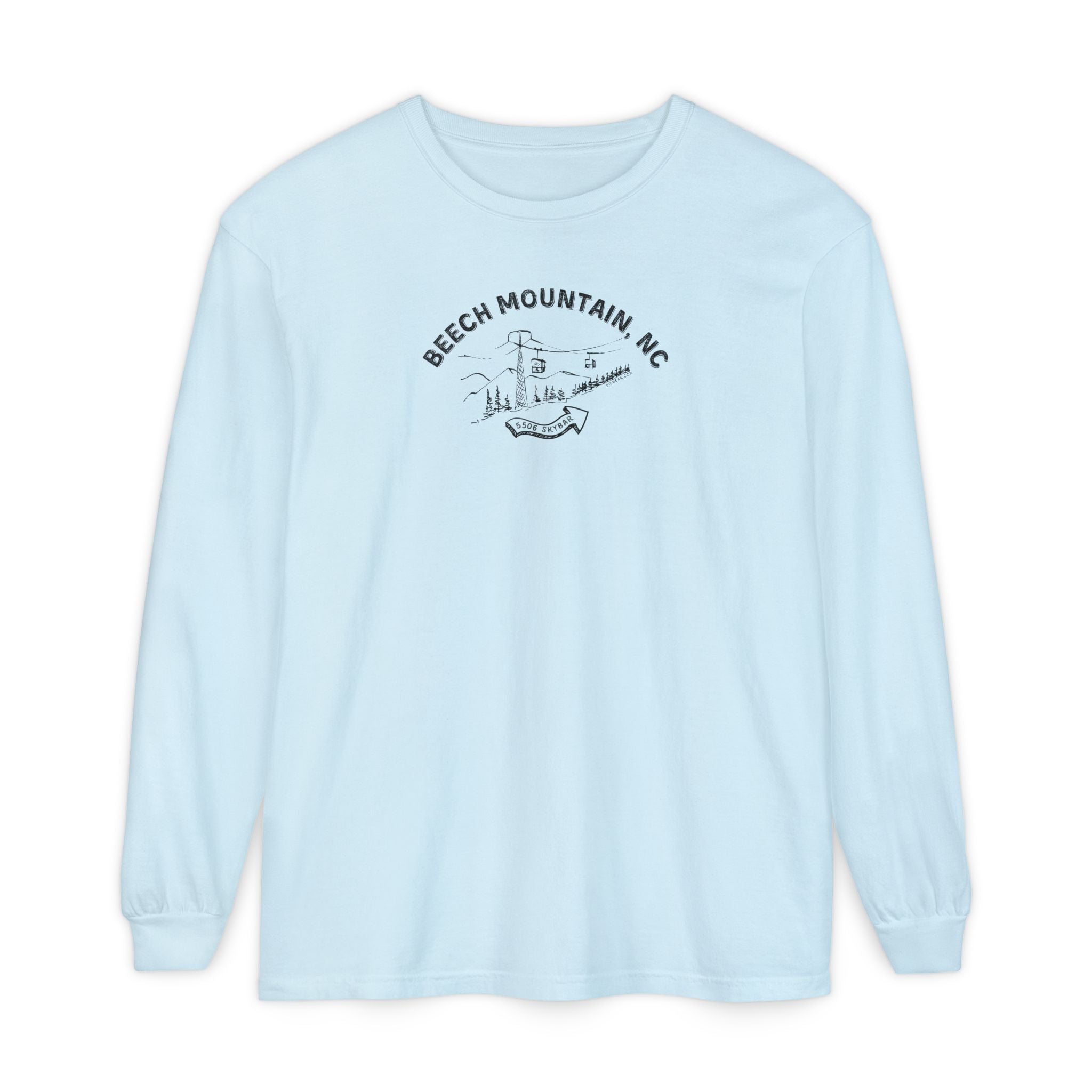 Light blue comfort color long-sleeve t-shirt with text 'Beech Mountain, NC - 5506 Skybar'