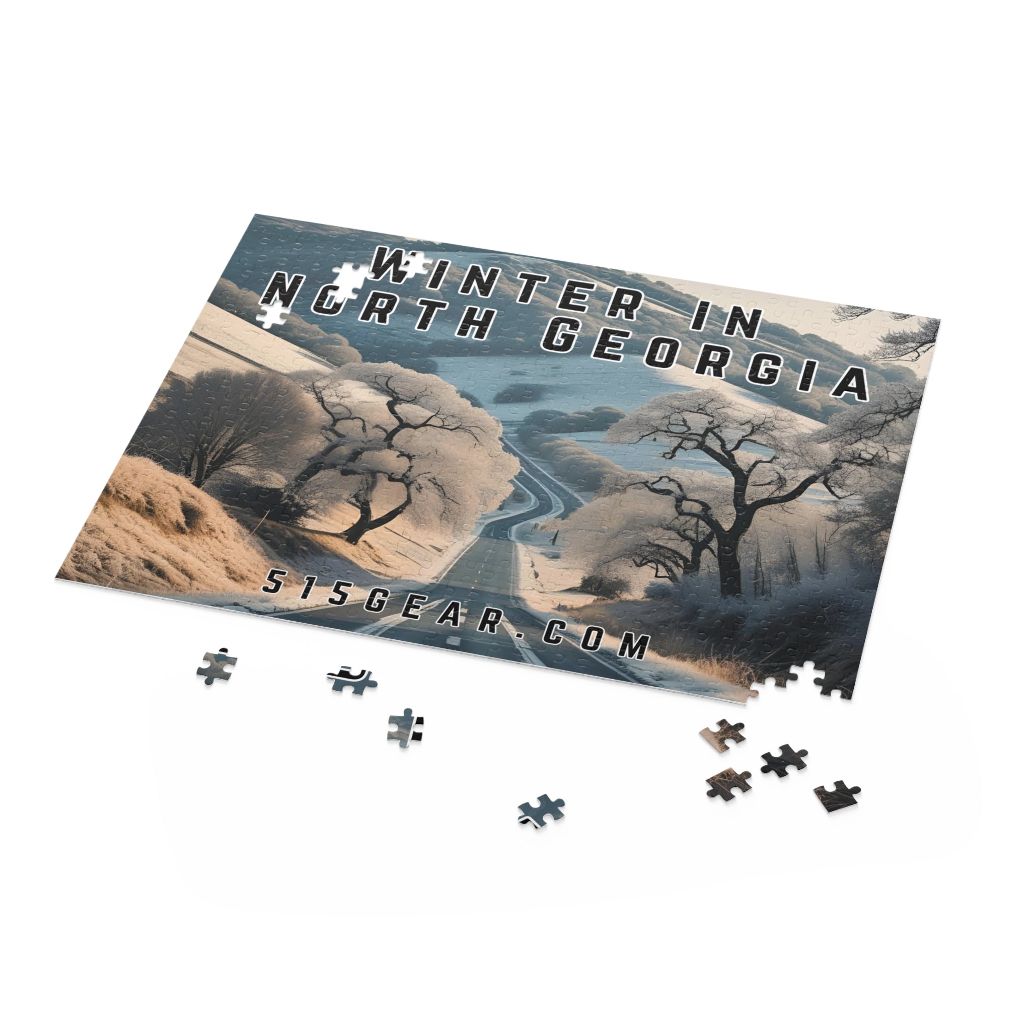 Wintery landscape puzzle with snow-covered trees and a road, text overlay 'Winter in North Georgia' and website '515GEAR.COM'.