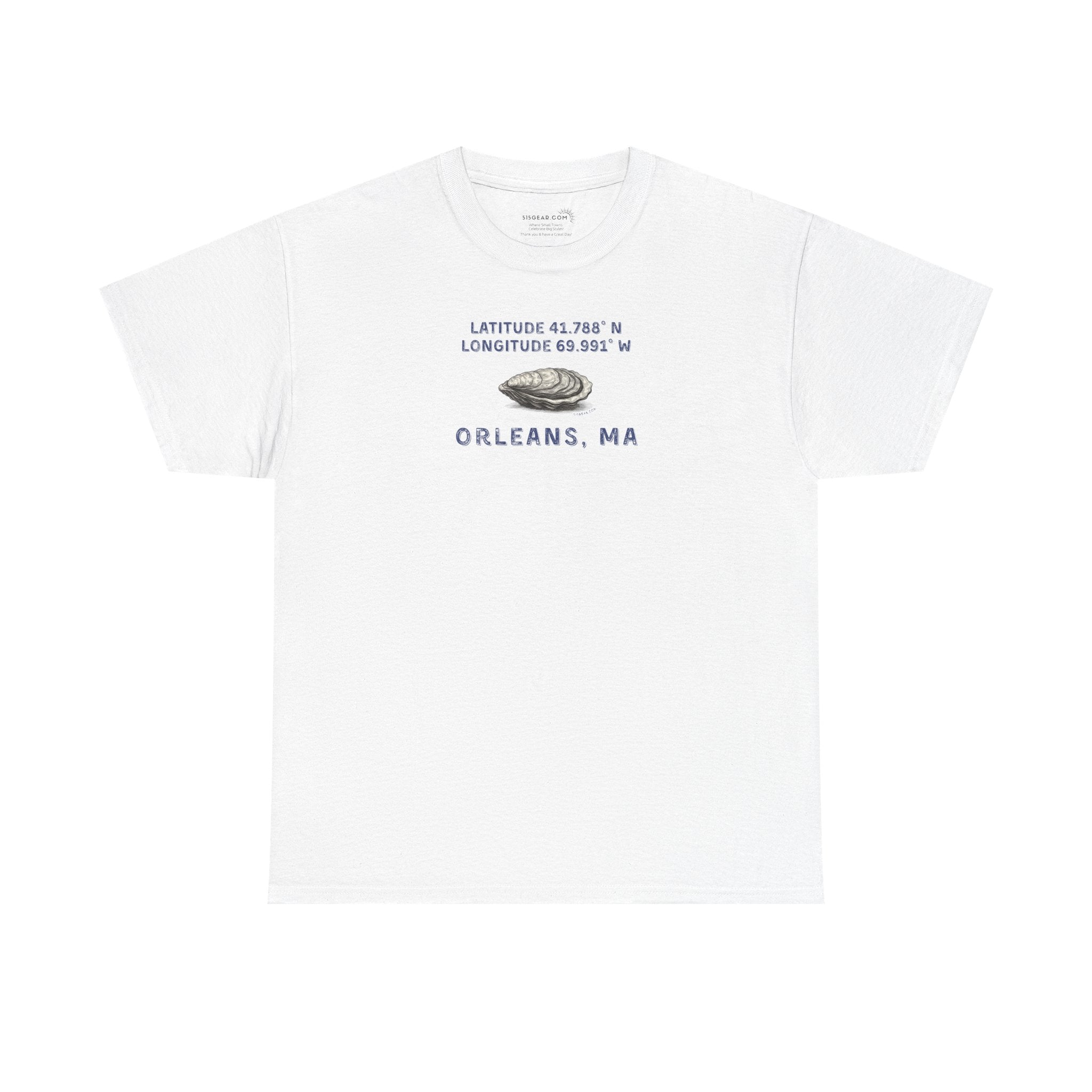 White t-shirt with oyster graphic and rustic text "Latitude 41.788 N, Longitude 69.991 W - Orleans, MA"