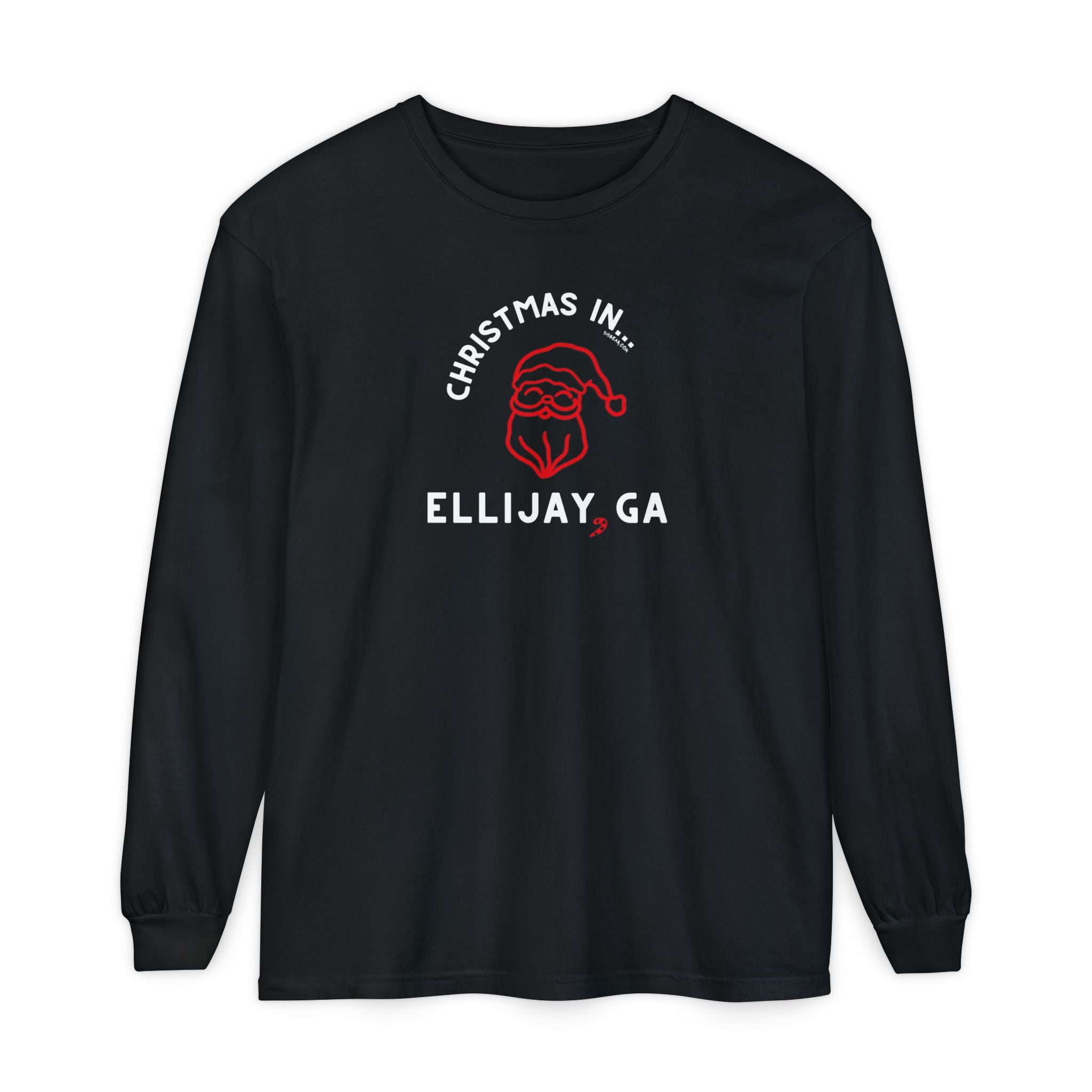 Black comfort colors long-sleeve shirt with happy Santa graphic and text "Christmas in... Ellijay, GA"