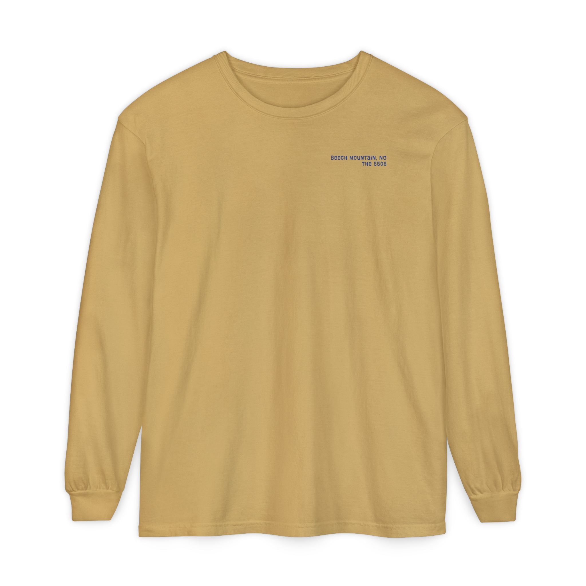 Mustard unisex Comfort Colors long-sleeve shirt with text Beech Mountain - The 5506 on the front