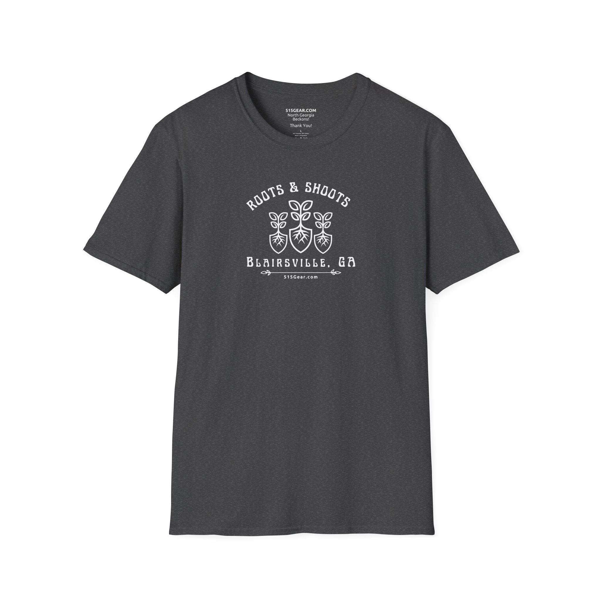 unisex adult T-shirt, Roots & Shoots, Garden shovel root leaf graphic, 515Gear.com | Blairsville, GA | celebrate gardening