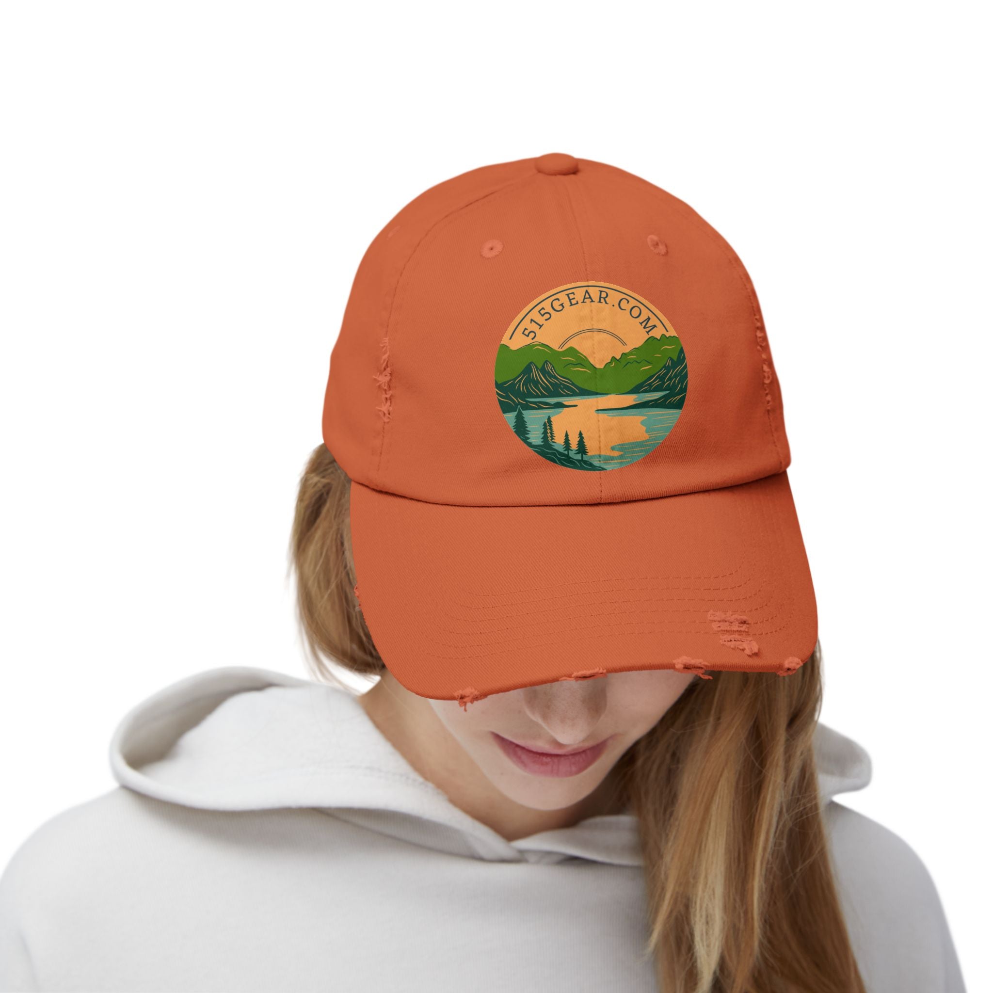 Distressed Baseball cap, 515 Gear Adventure Awaits Logo | by 515Gear.com | Come sit by the lake!