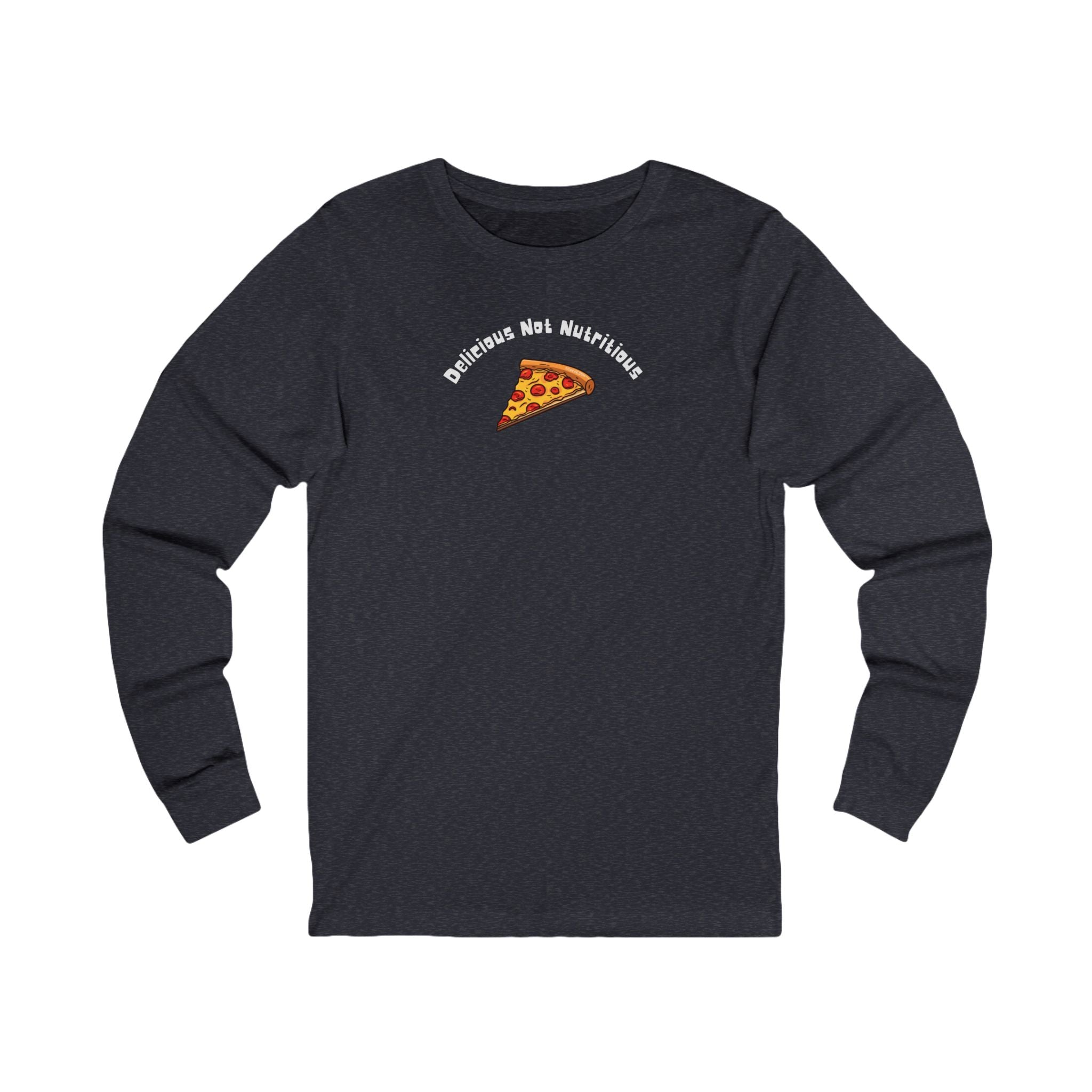 Black long-sleeve shirt with pizza graphic and text on a white background