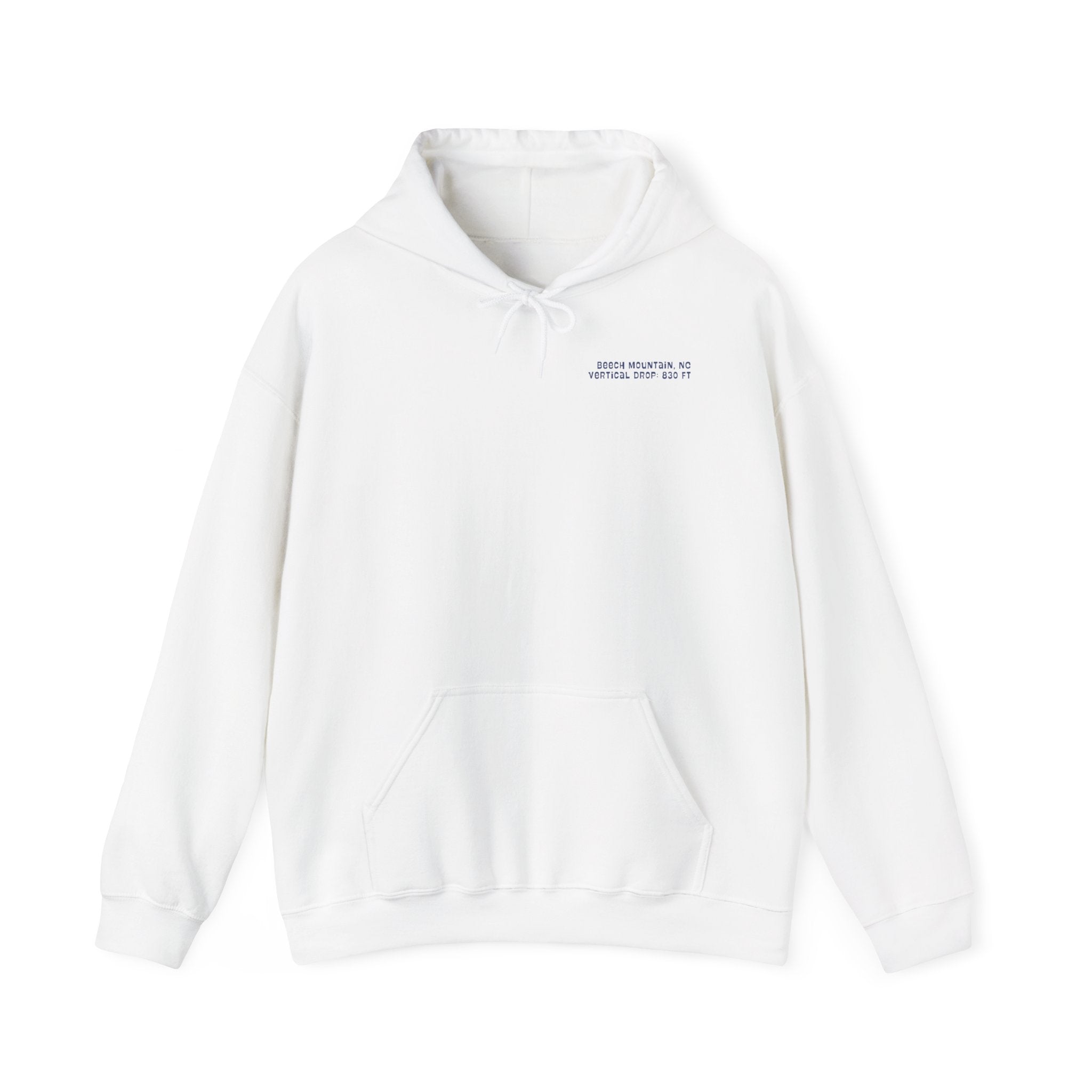 White hoodie with text on the chest "Beech Mountain, NC Vertical Drop 830 Ft"