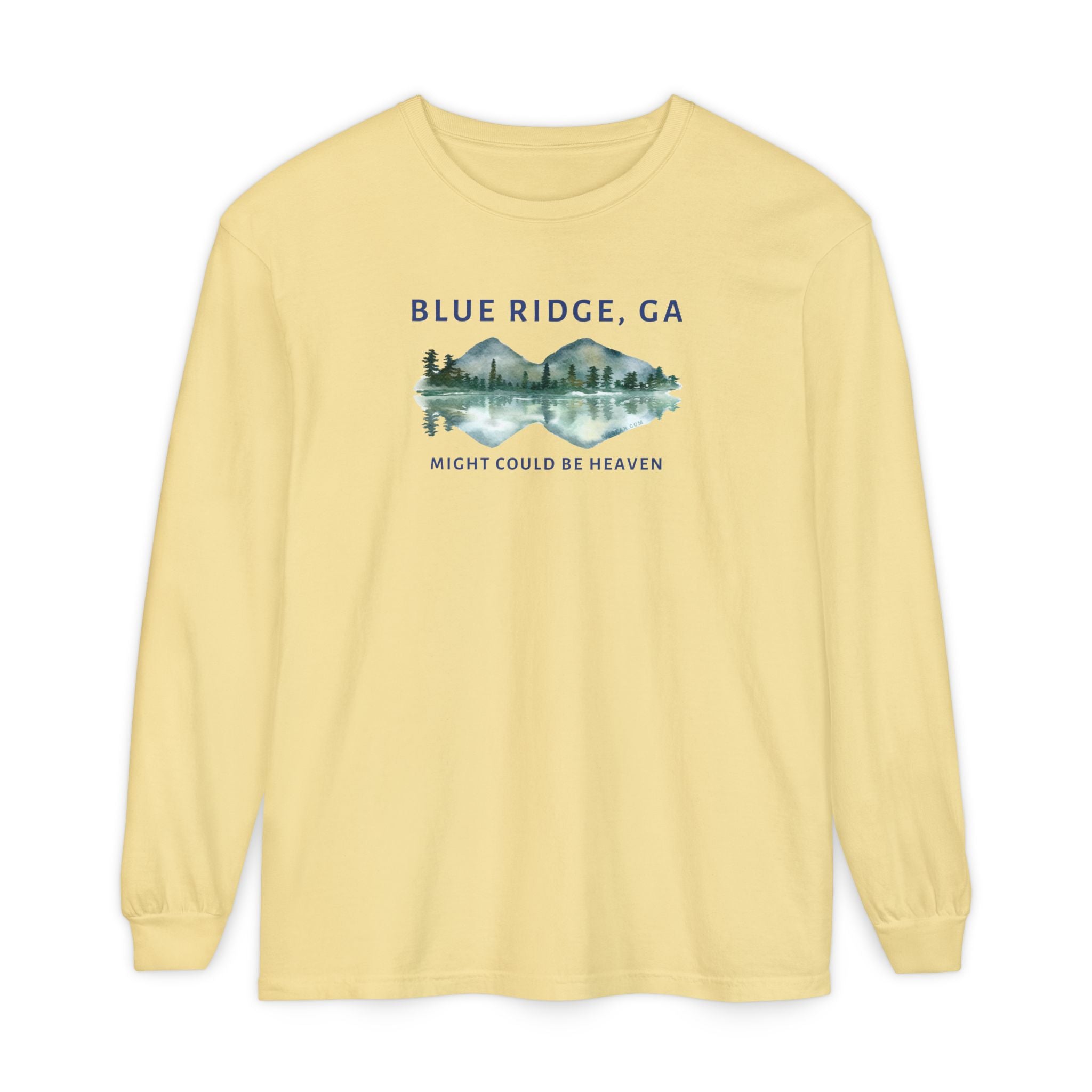 Yellow Comfort Colors long-sleeve shirt with 'Blue Ridge, GA - Might Could Be Heaven" text and Mountain & Lake graphic