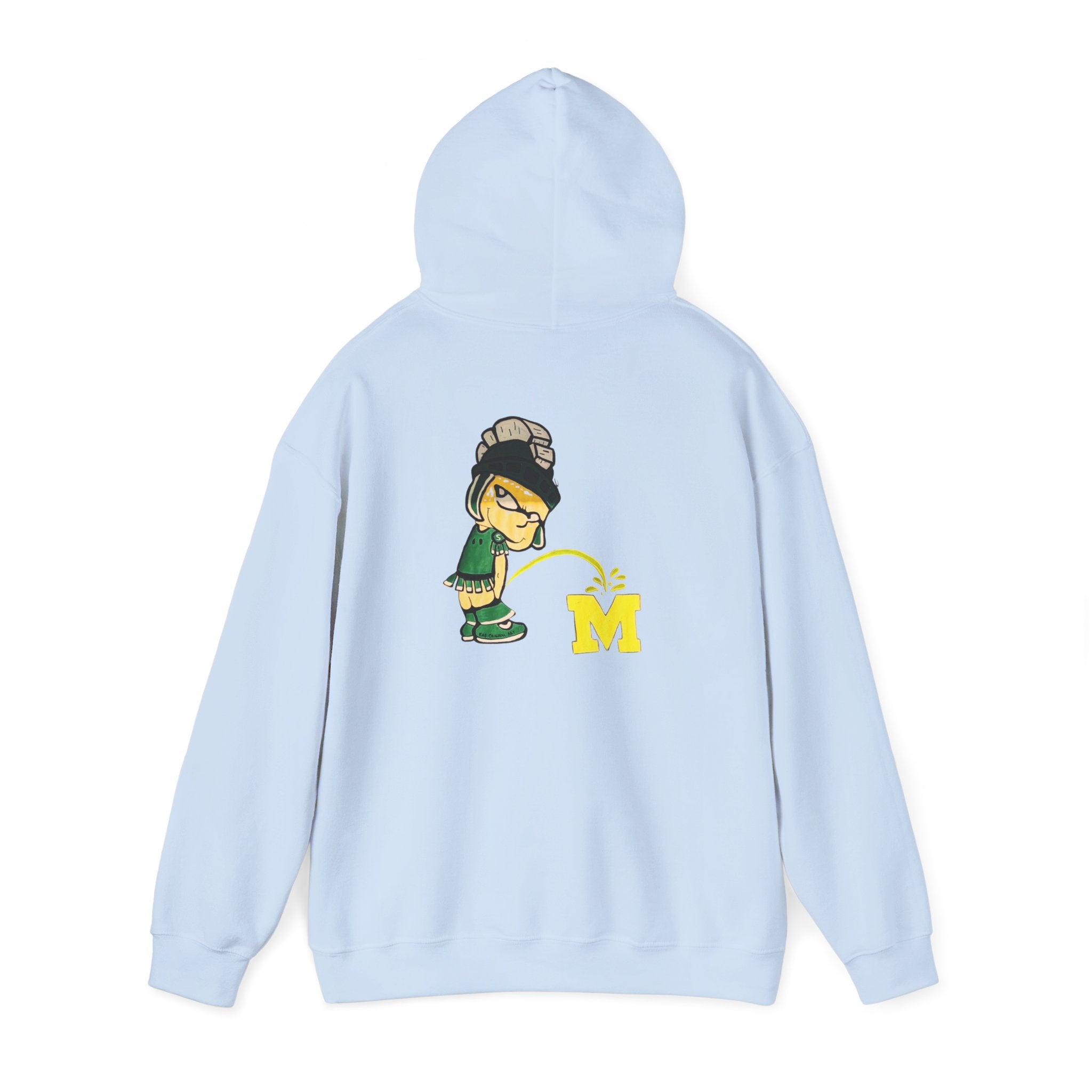 Light blue hoodie with Sparty cartoon character peeing on a block M