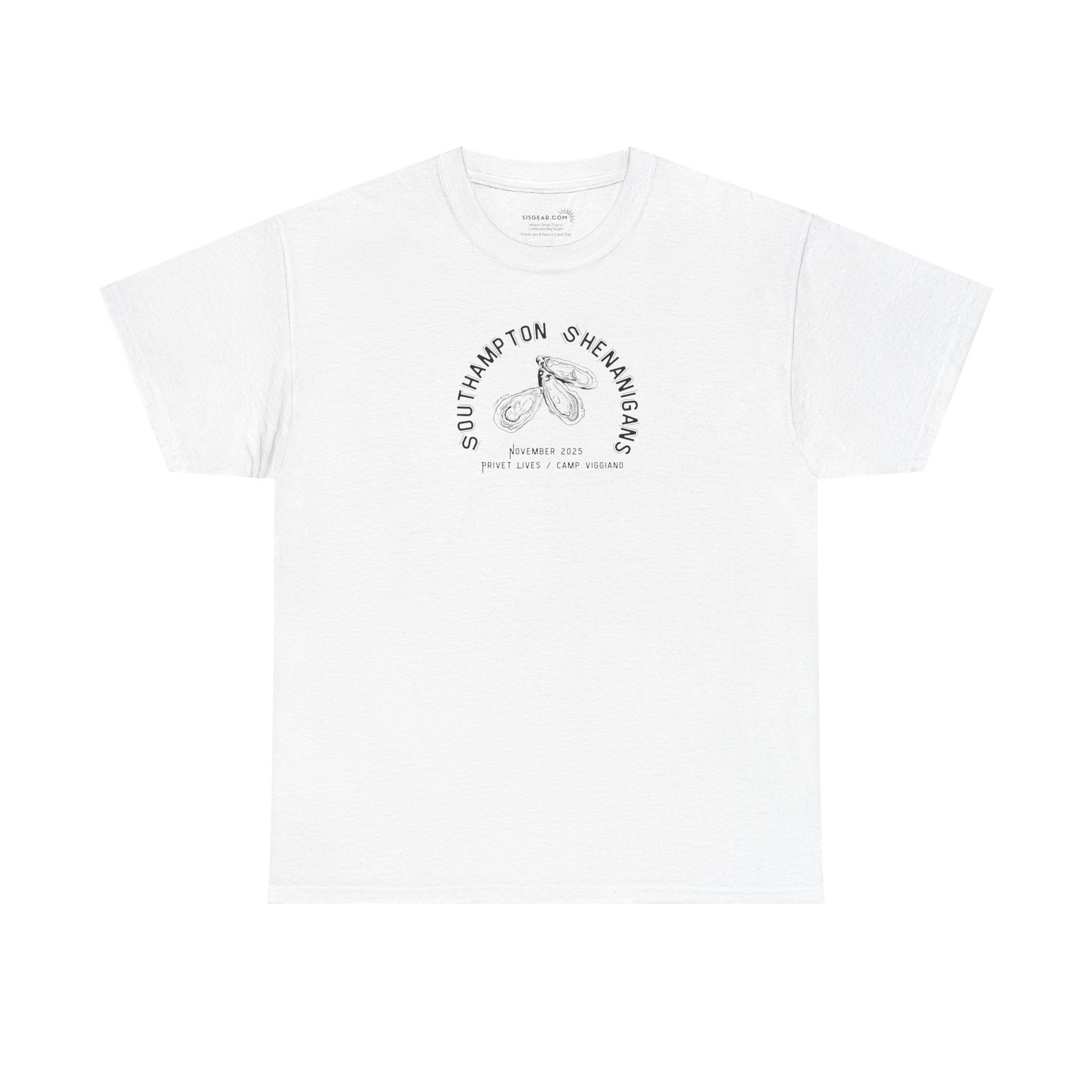 White t-shirt with Oyster graphic and text "Southampton Shenanigans November 2025 Privet Lives Camp Viggiano"