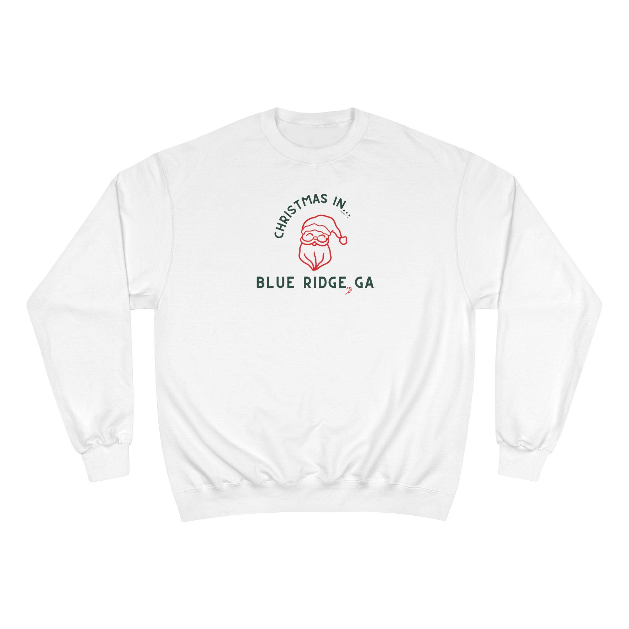 White Champion Sweatshirt with Santa graphic and text "Christmas in Blue Ridge, GA"