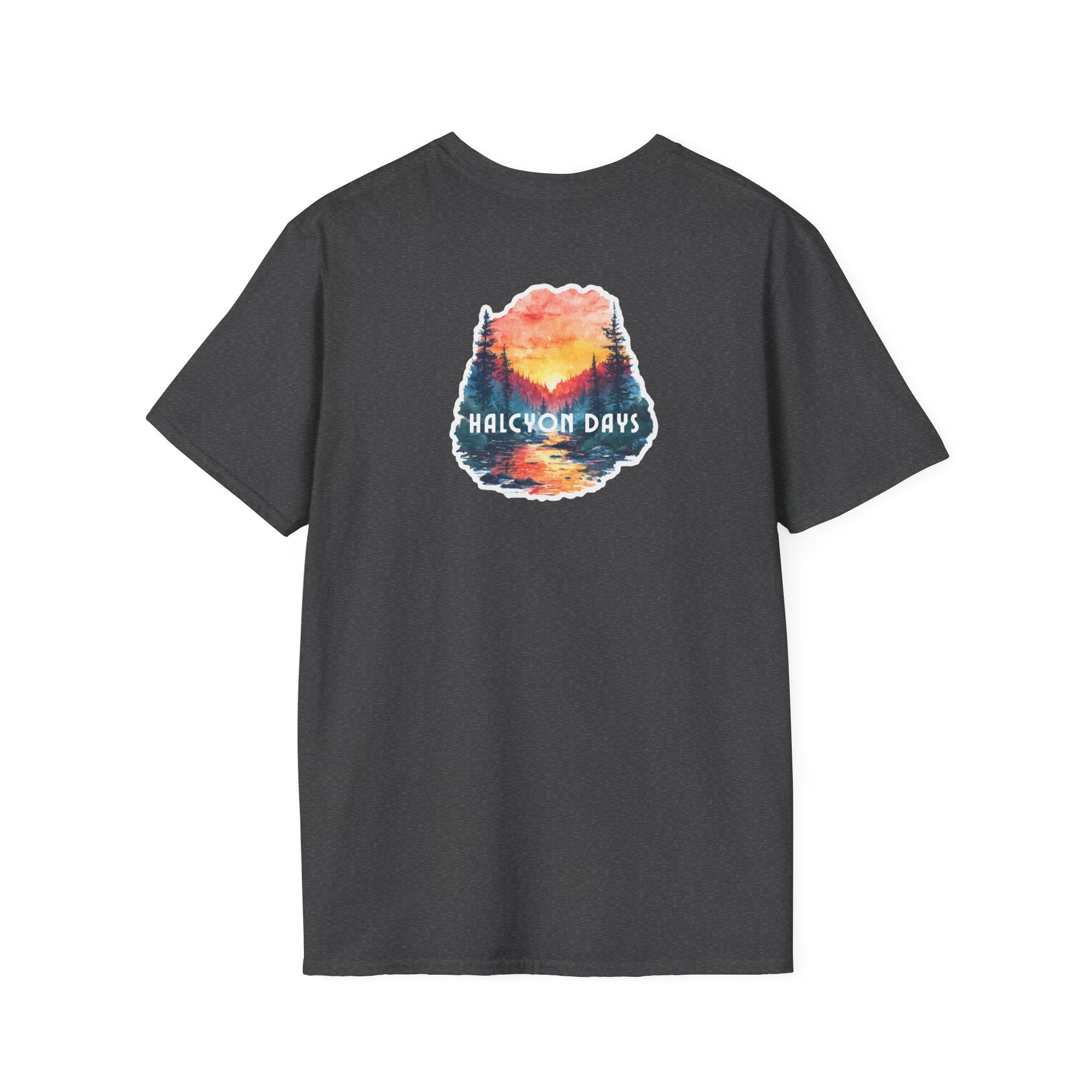 Black Gildan Softstyle t-shirt with text "Halcyon Days" and mountain river graphic