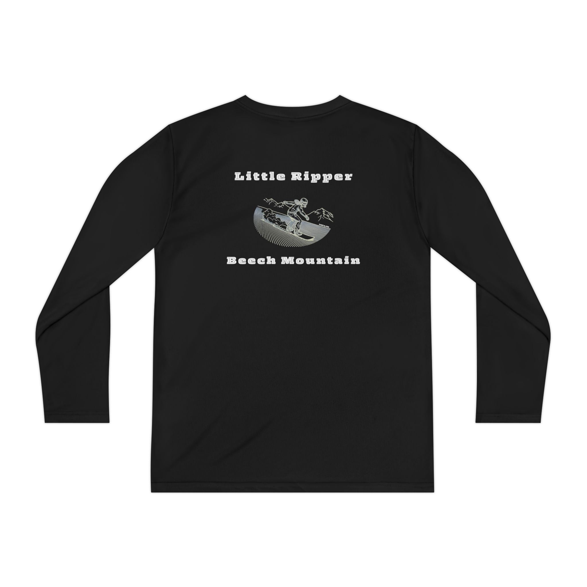 Black long-sleeve performance t-shirt text "Little Ripper – Beech Mountain... Vertical Drop 830 ft" with snowboard graphic