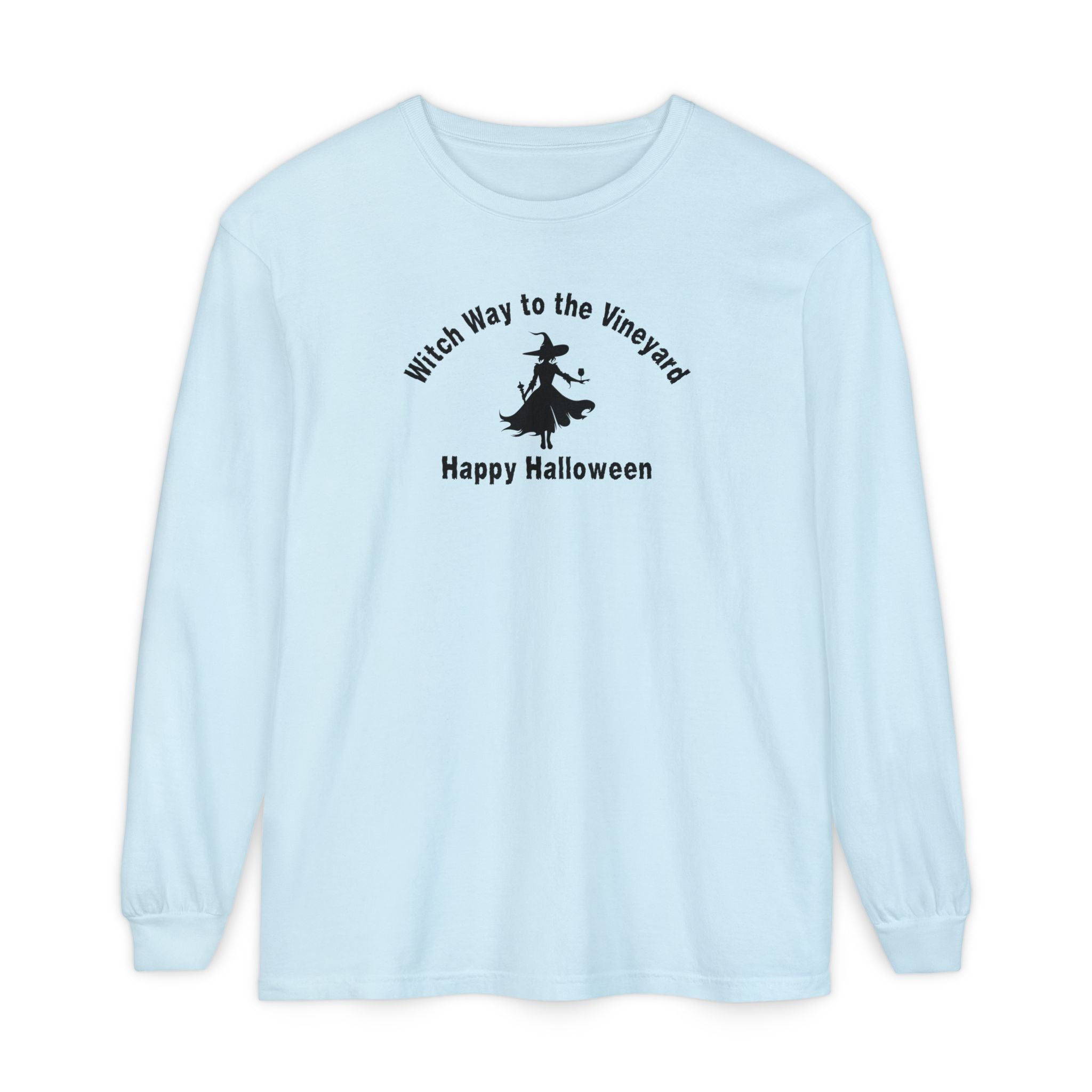 Light blue long-sleeve unisex comfort color t-shirt with halloween witch graphic holding a wine glass and text "Witch Way to the Vineyard - Happy Halloween"