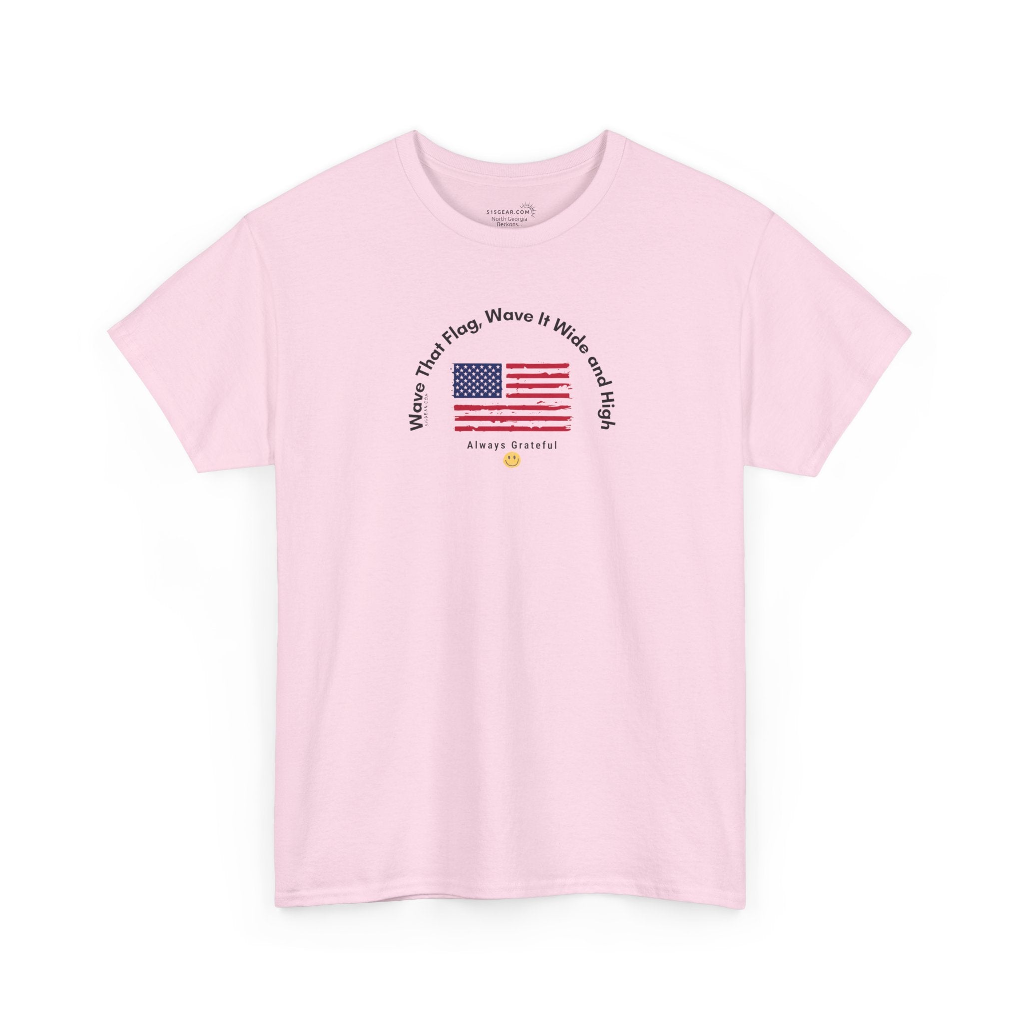 Pink t-shirt with American flag graphic and text on a white background