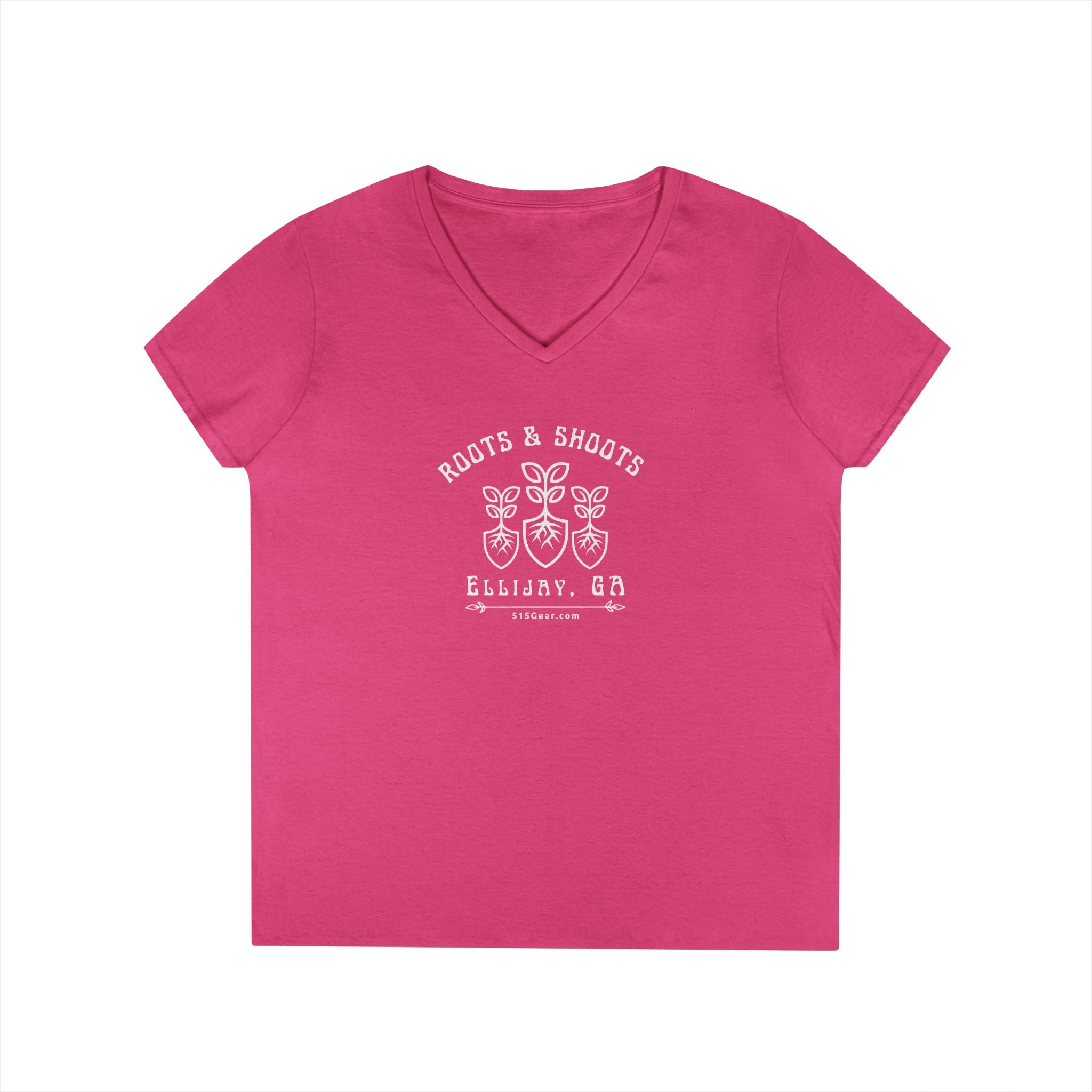 Women’s V-Neck T-shirt, Roots & Shoots, Garden shovel root leaf graphic, 515Gear.com | Ellijay, GA | celebrate gardening