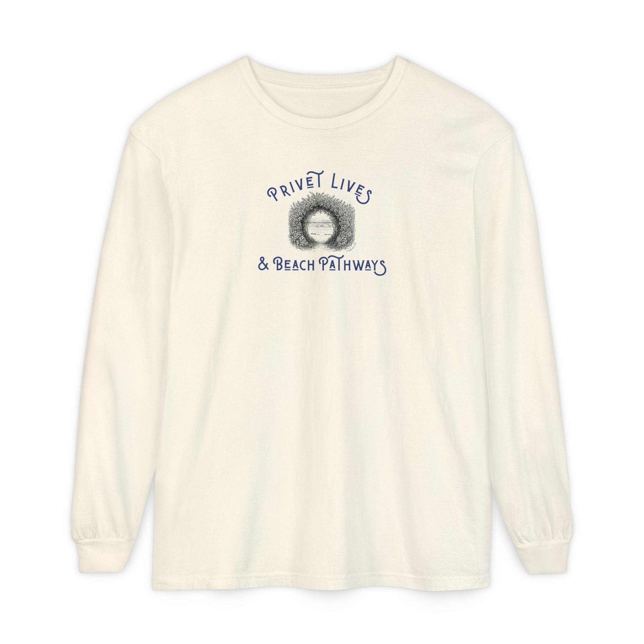 Lite yellow unisex Comfort Colors® long‑sleeve tee with beach graphic and text "Privet Lives & Beach Pathways"