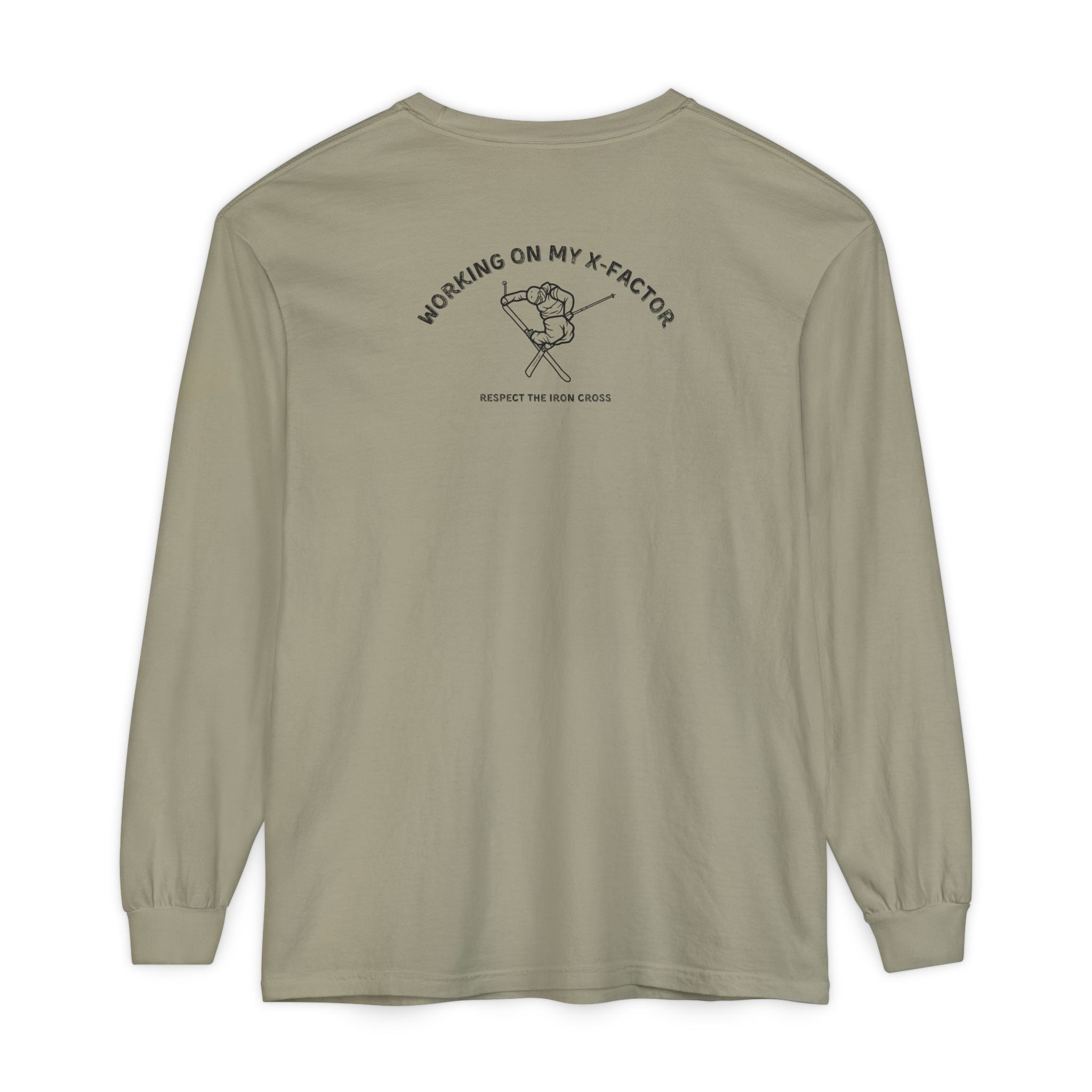 Olive long-sleeve unisex Comfort Color t-shirt with ski jump graphic and text Working on my X-Factor Respect the Iron Cross