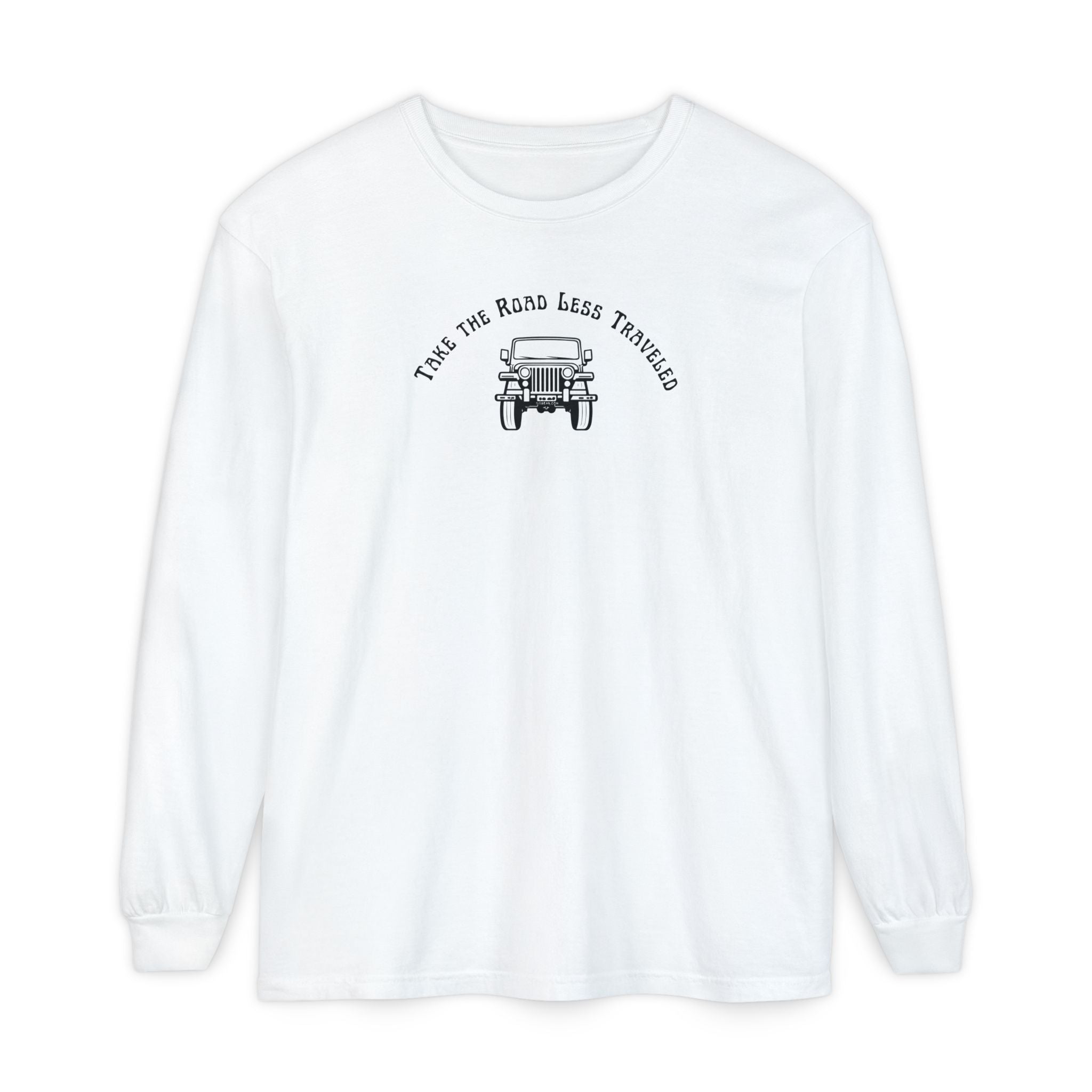 White long sleeve t-shirt with Jeep graphic and text "Take the Road Less Traveled"