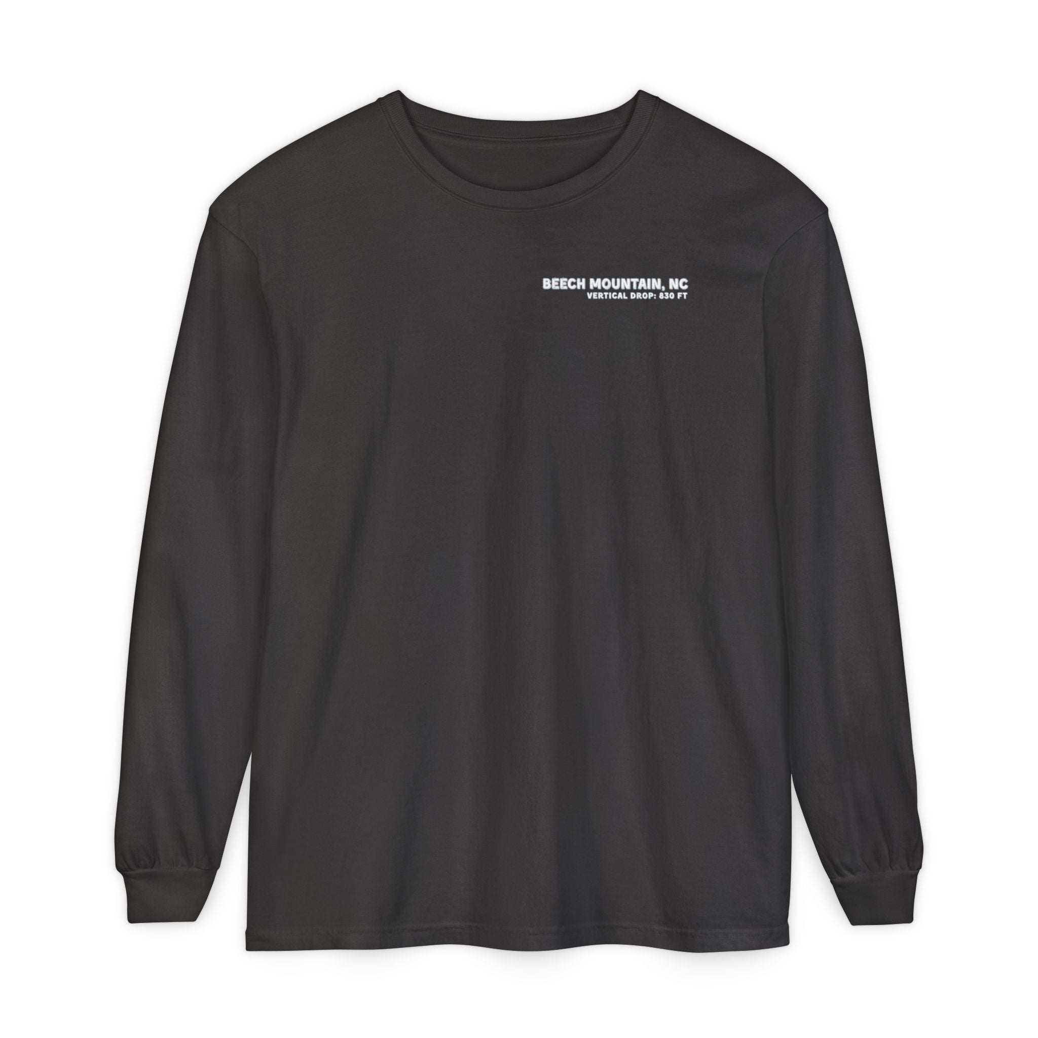 Black long-sleeve Comfort Color t-shirt with text Beech Mountain NC Vertical Drop 830 ft