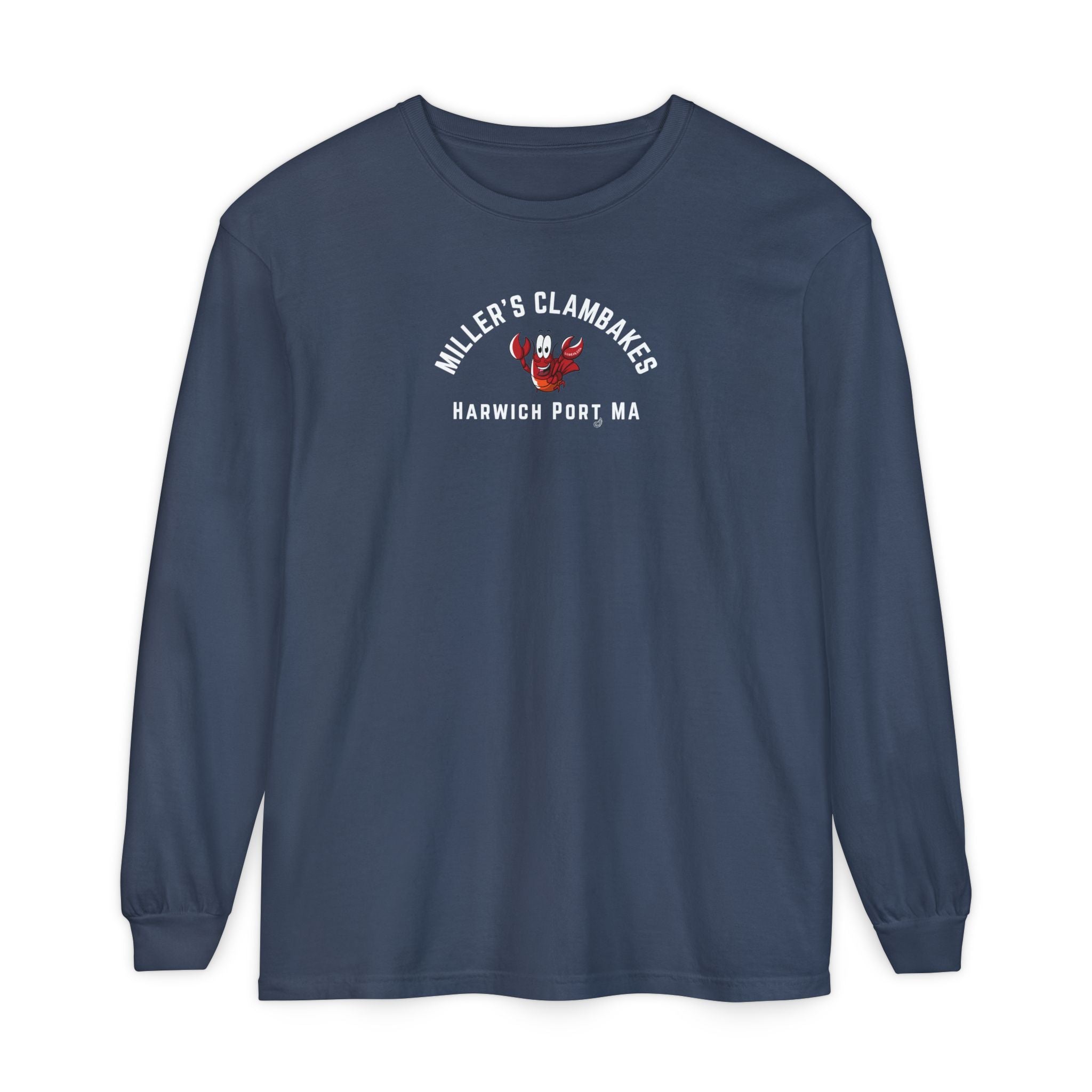 Navy blue long-sleeve shirt with a happy lobster graphic and text "Miller's Clambakes Harwich Port, MA"