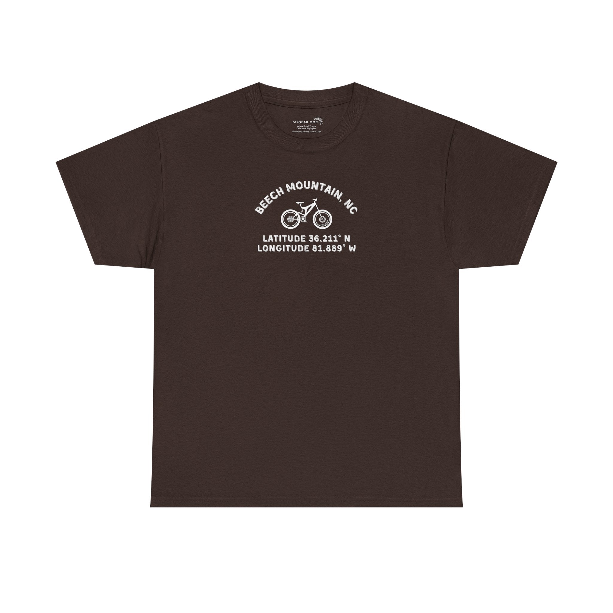 Brown t-shirt with mountain bike graphic and text "Beech Mountain, NC - Latitude and Longitude" coordinates