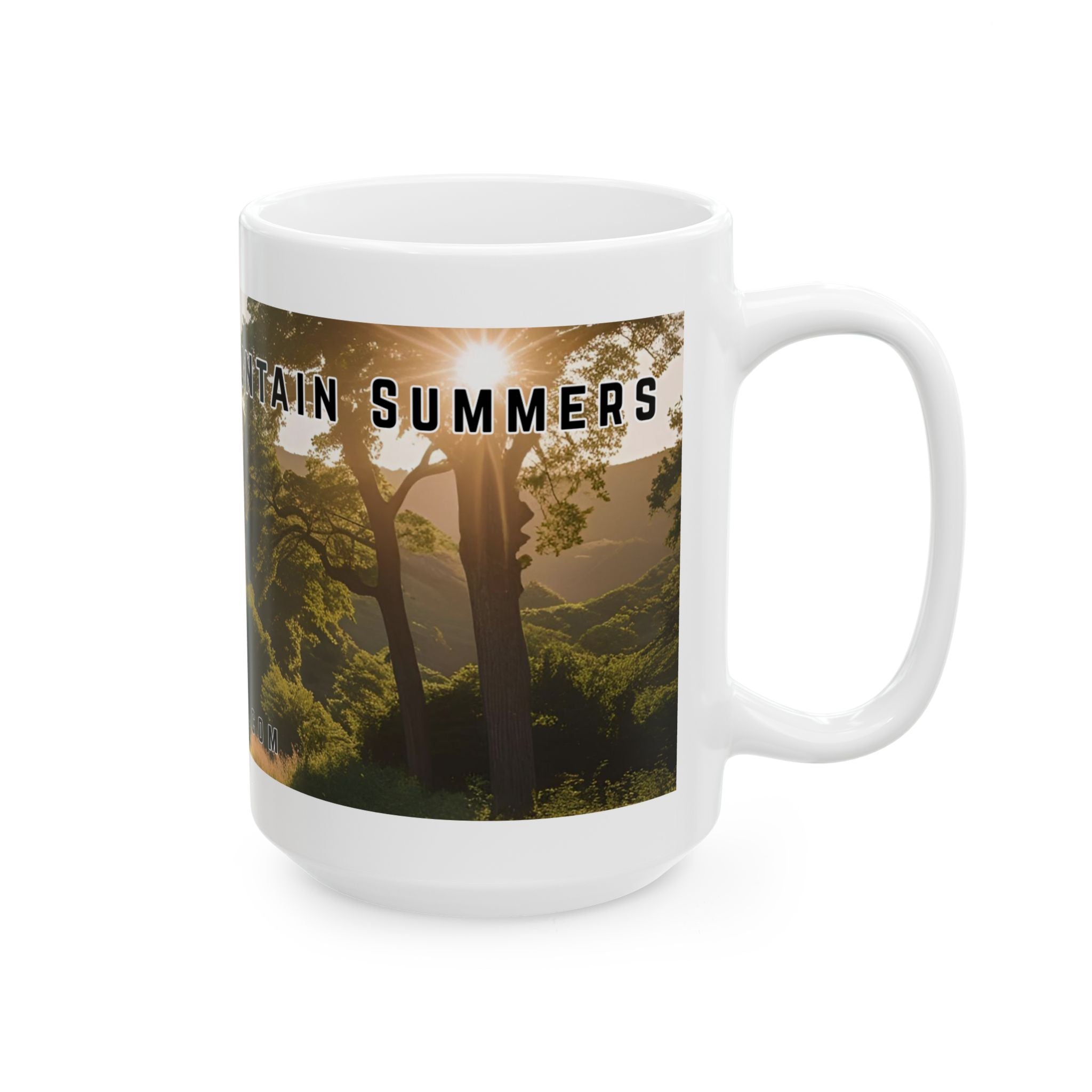 Mug with a vintage scenic design of a rural road at sunrise cutting through the North Georgia Mountains in Summer by 515Gear.com