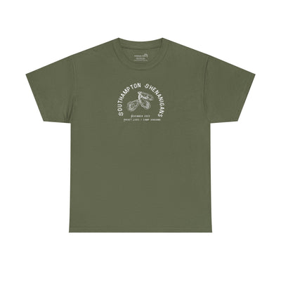 Green t-shirt with Oyster graphic and text "Southampton Shenanigans November 2025 Privet Lives Camp Viggiano"